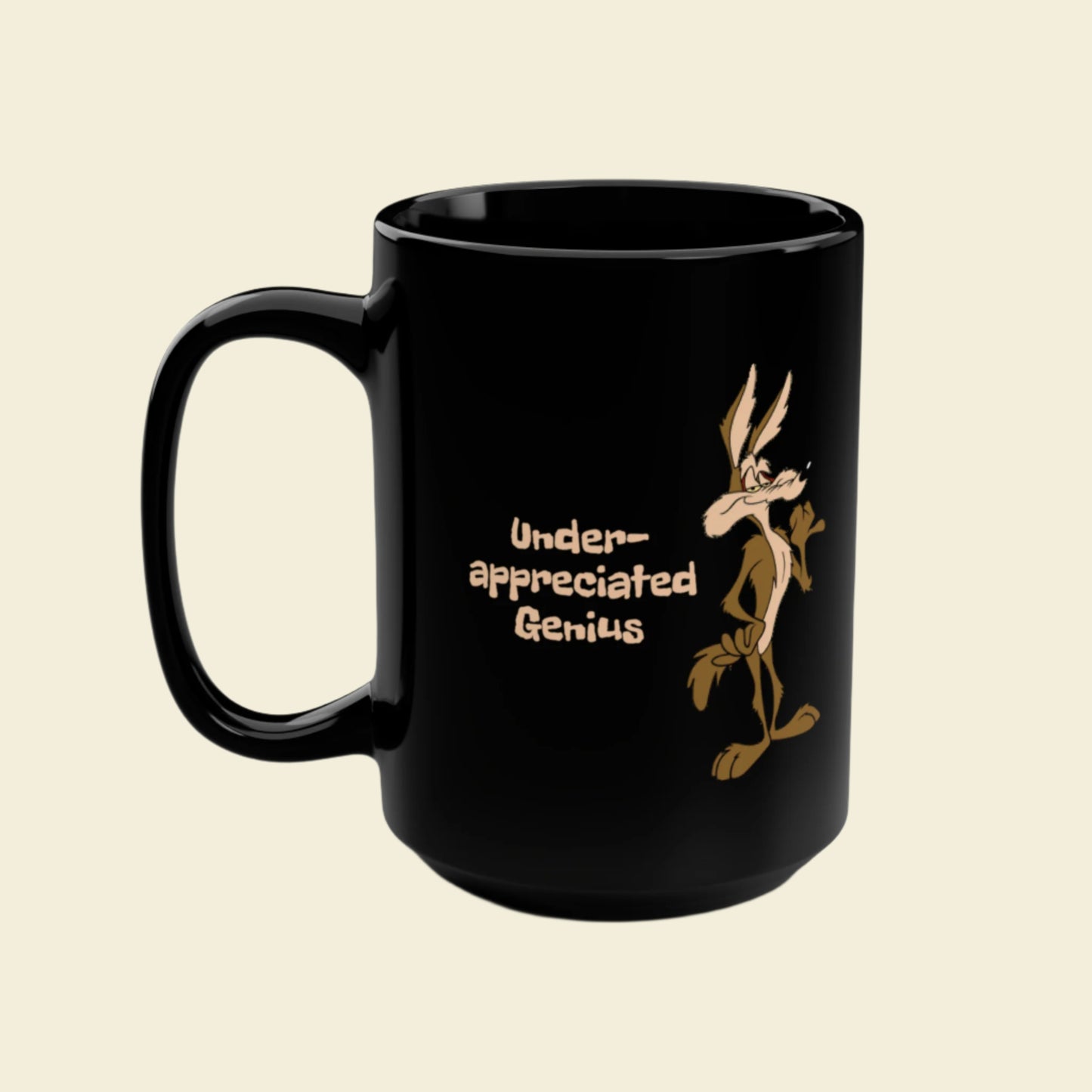Wile E Coyote Black Coffee Mug. 15 ounce ceramic mug featuring vintage cartoon Coyote, Wile E.