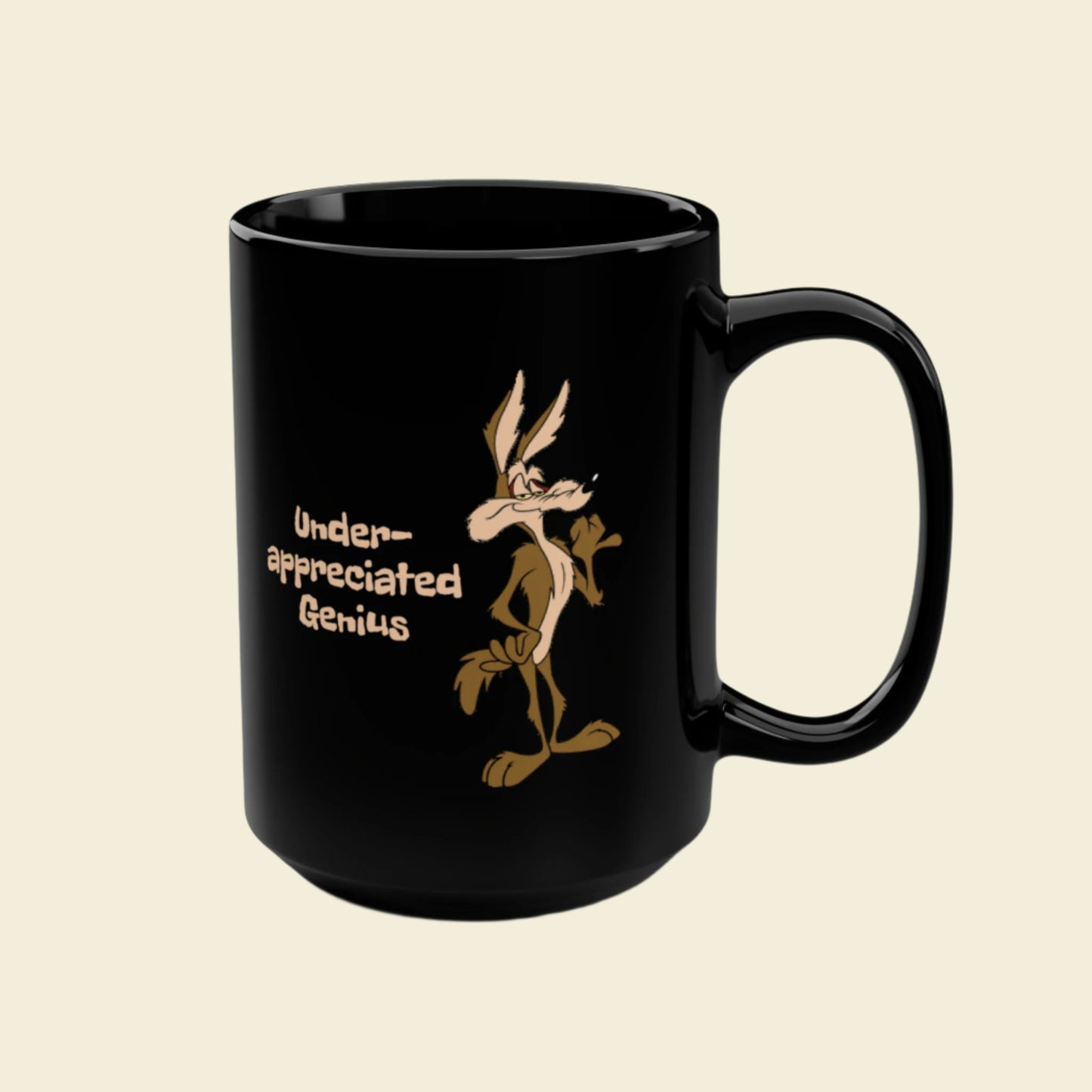 Wile E Coyote Black Coffee Mug. 15 ounce ceramic mug featuring vintage cartoon Coyote, Wile E.