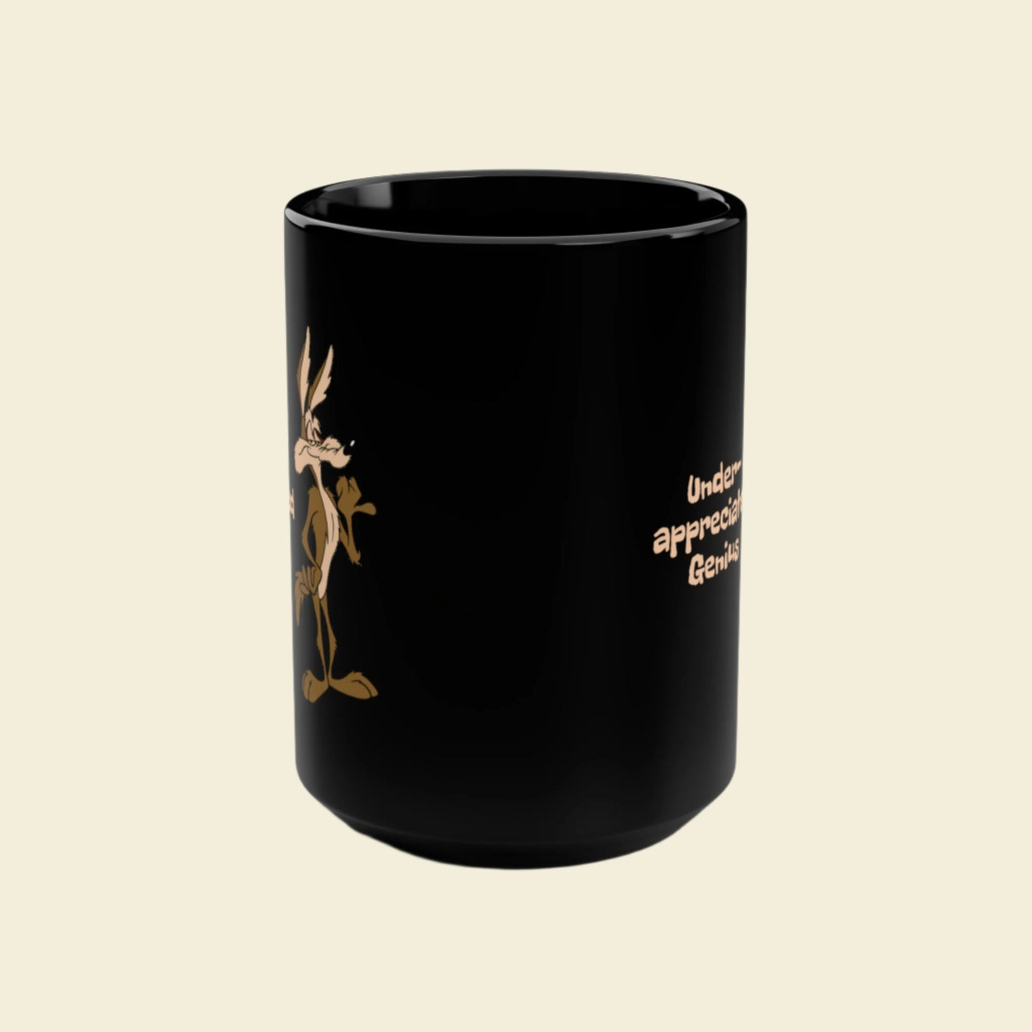 Wile E Coyote Black Coffee Mug. 15 ounce ceramic mug featuring vintage cartoon Coyote, Wile E.