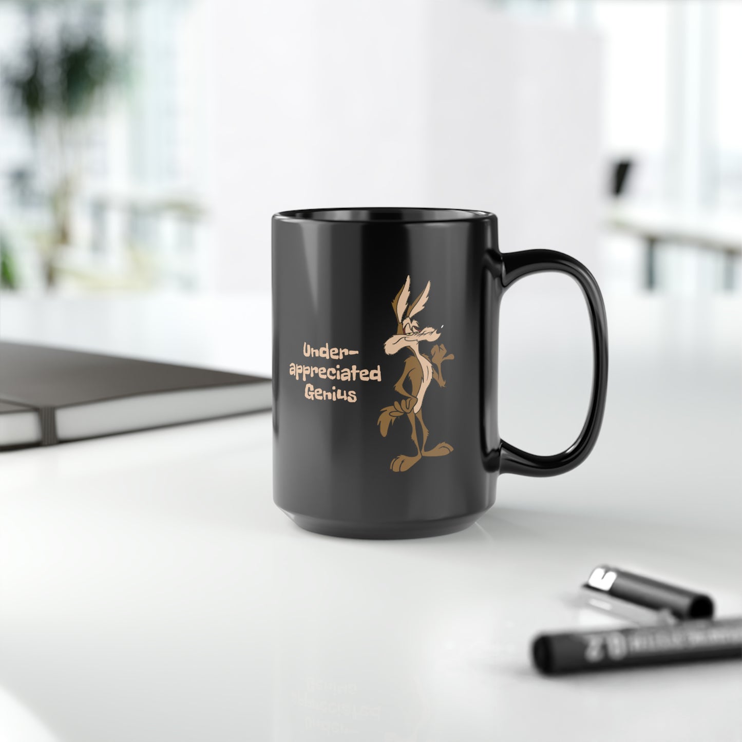 Wile E Coyote Black Coffee Mug. 15 ounce ceramic mug featuring vintage cartoon Coyote, Wile E.