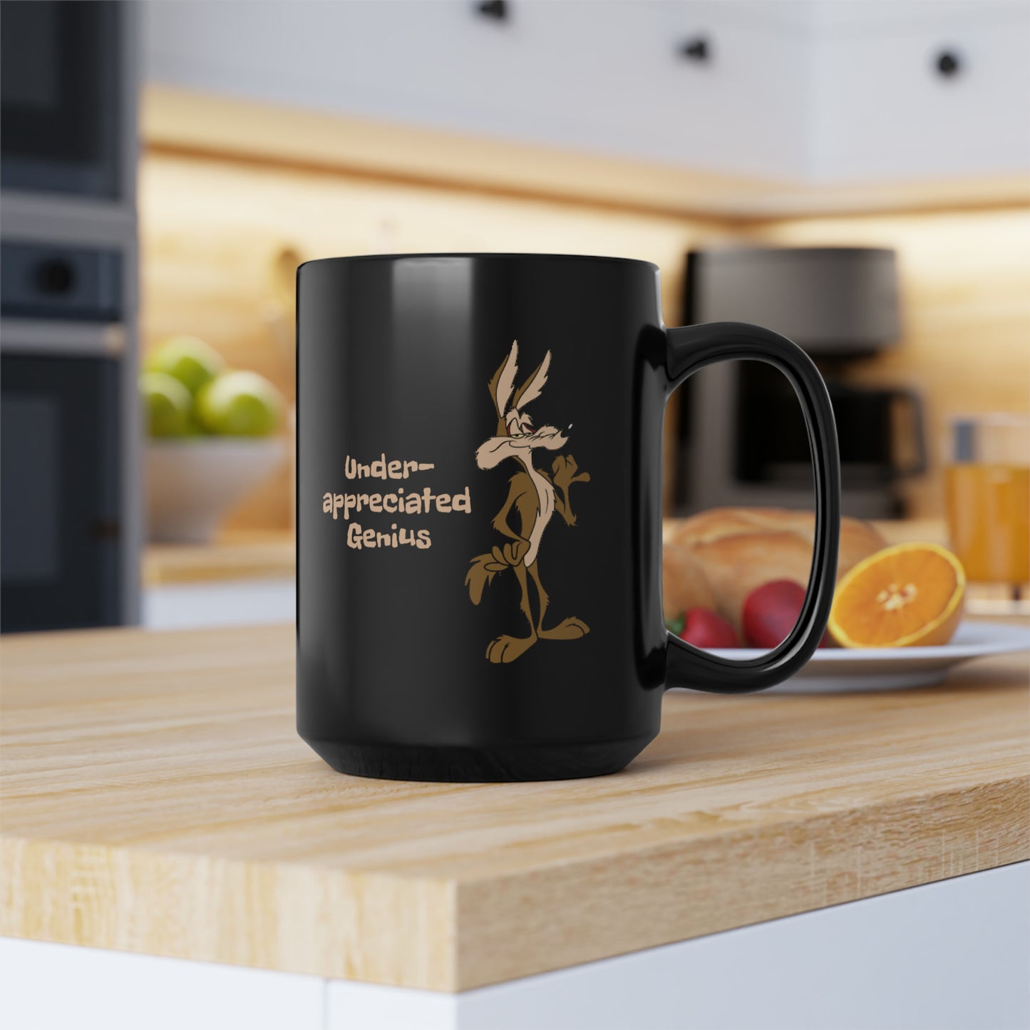 Wile E Coyote Black Coffee Mug. 15 ounce ceramic mug featuring vintage cartoon Coyote, Wile E.