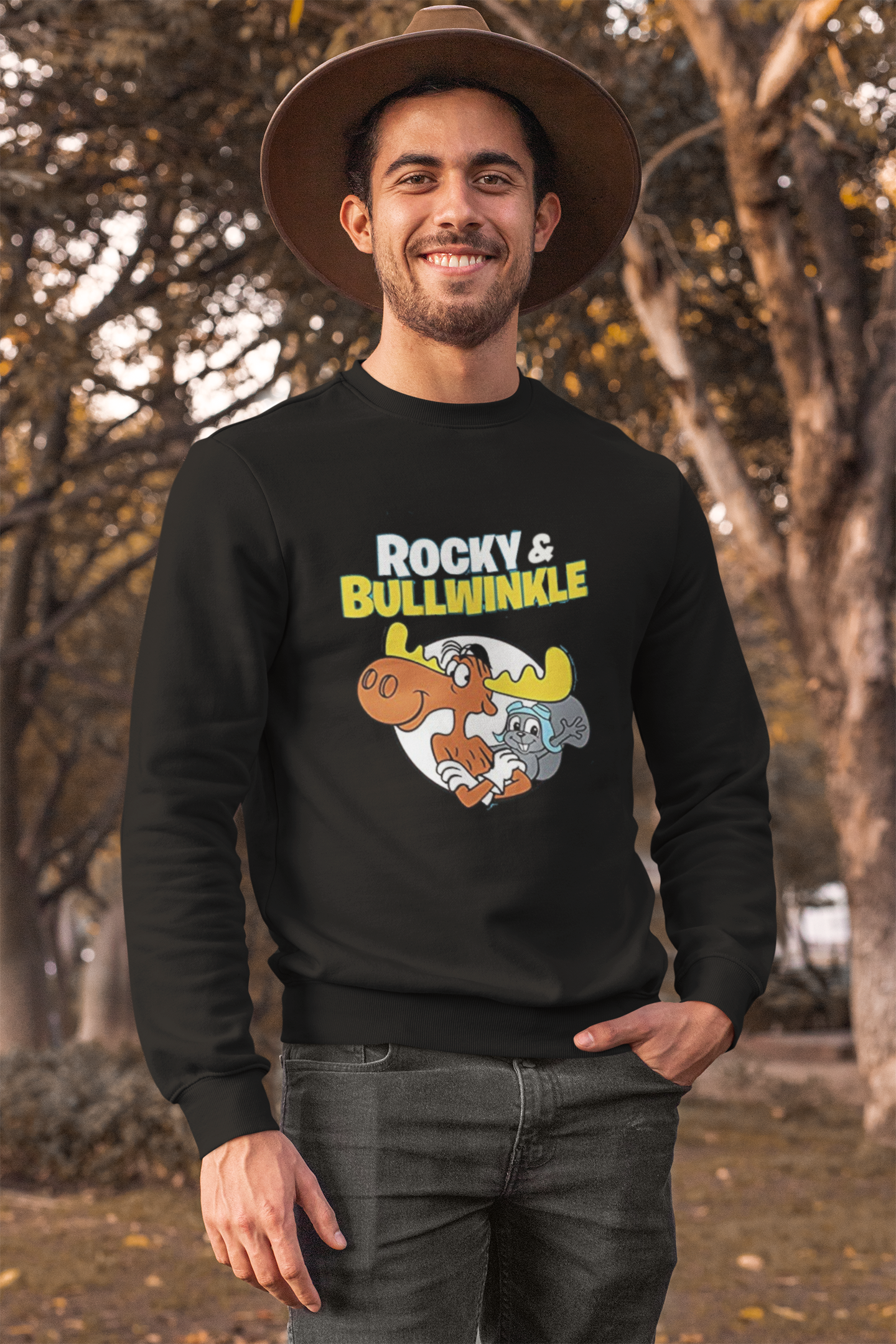 60s cartoon Rocky and Bullwinkle Unisex Heavy Blend™ Crewneck Sweatshirt Gildan 18000. Black sweater.