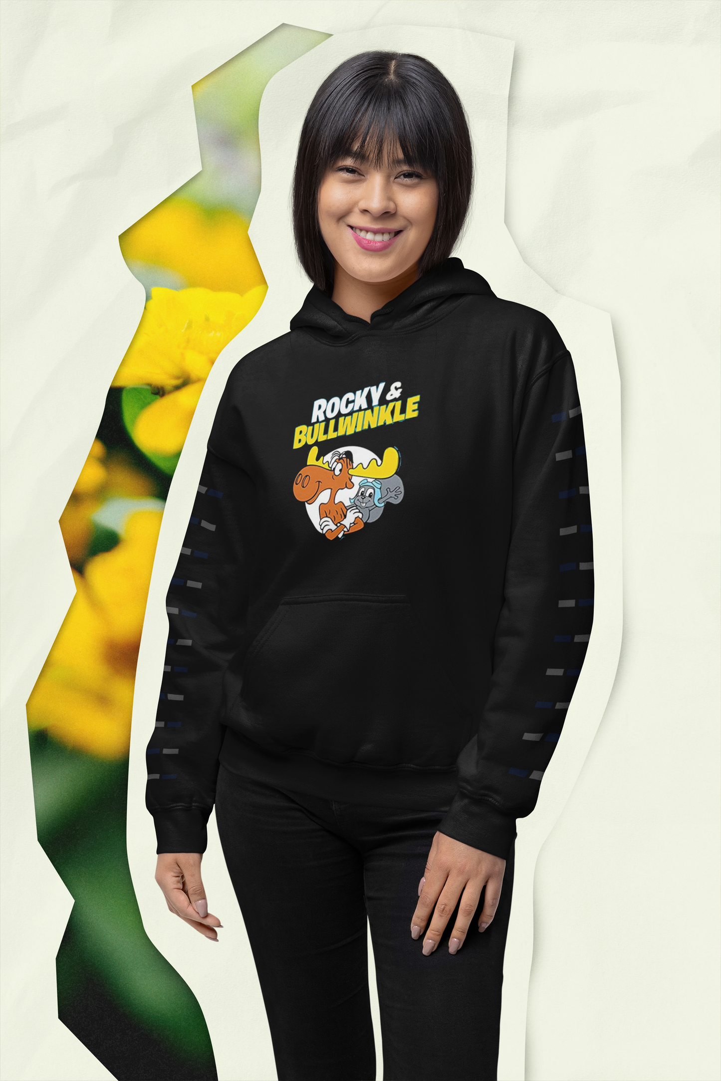 Rocky and Bullwinkle Unisex College Hoodie. Black hooded sweatshirt for under $50 with 60's cartoon graphic print on the front.