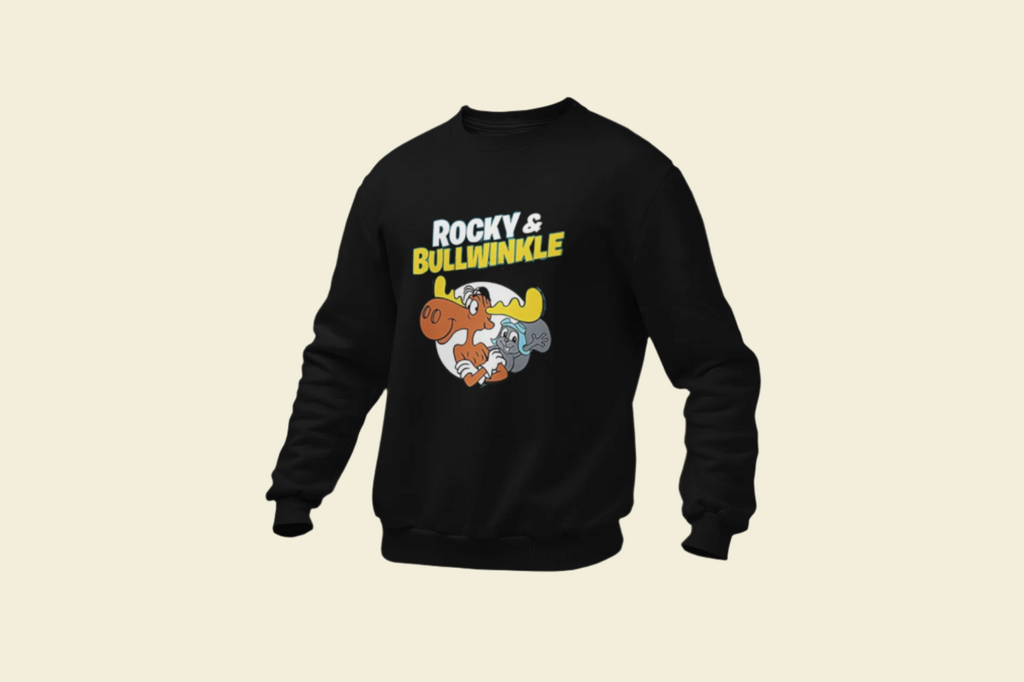 60s cartoon Rocky and Bullwinkle Unisex Heavy Blend™ Crewneck Sweatshirt Gildan 18000. Black sweater.