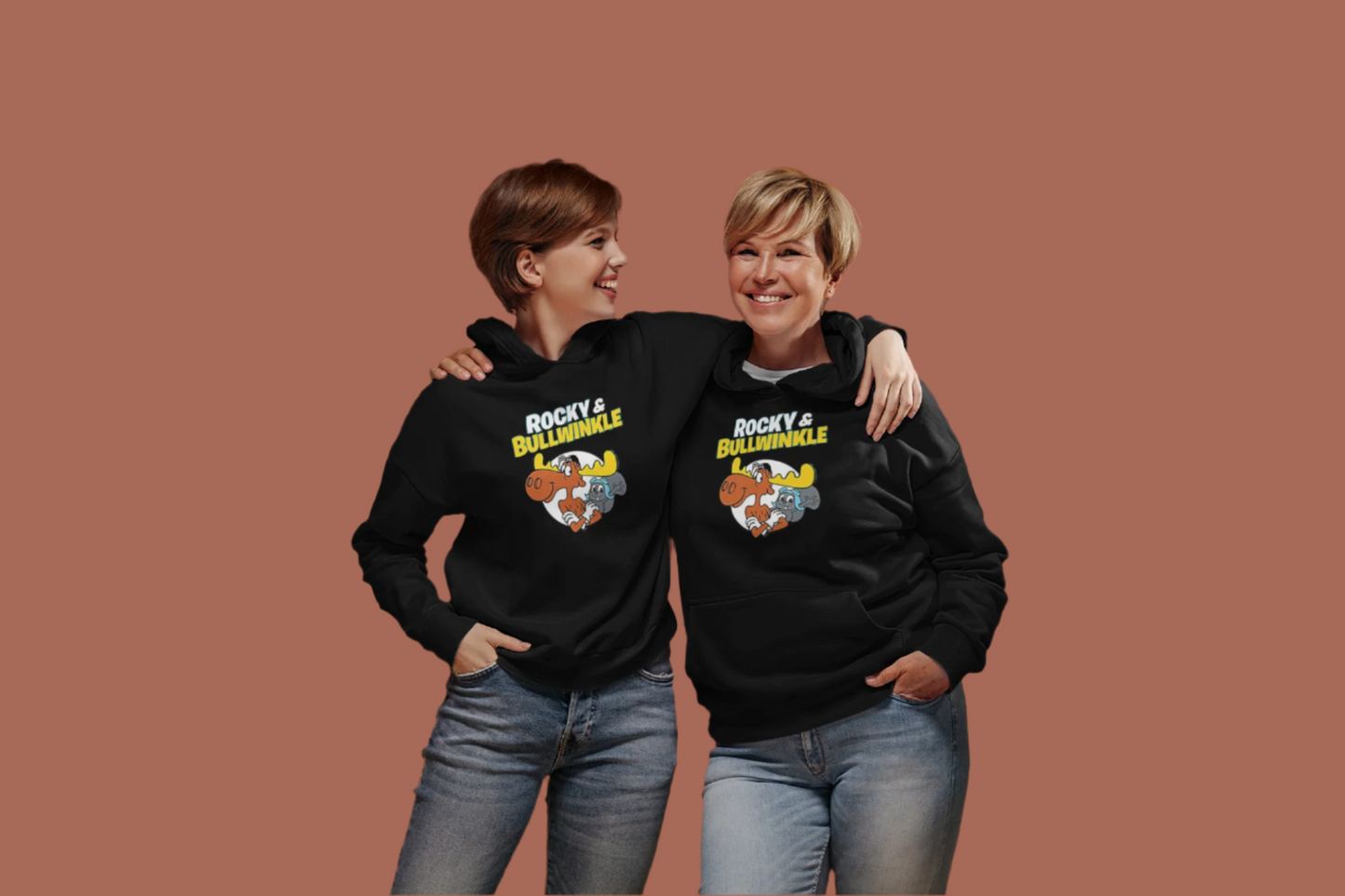 Rocky and Bullwinkle Unisex College Hoodie. Black hooded sweatshirt for under $50 with 60's cartoon graphic print on the front.