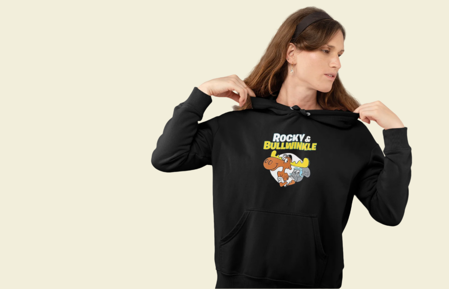 Rocky and Bullwinkle Unisex College Hoodie. Black hooded sweatshirt for under $50 with 60's cartoon graphic print on the front.