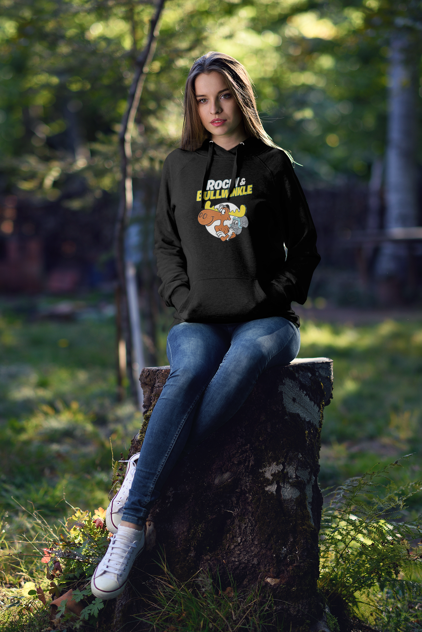 Rocky and Bullwinkle Unisex College Hoodie. Black hooded sweatshirt for under $50 with 60's cartoon graphic print on the front.