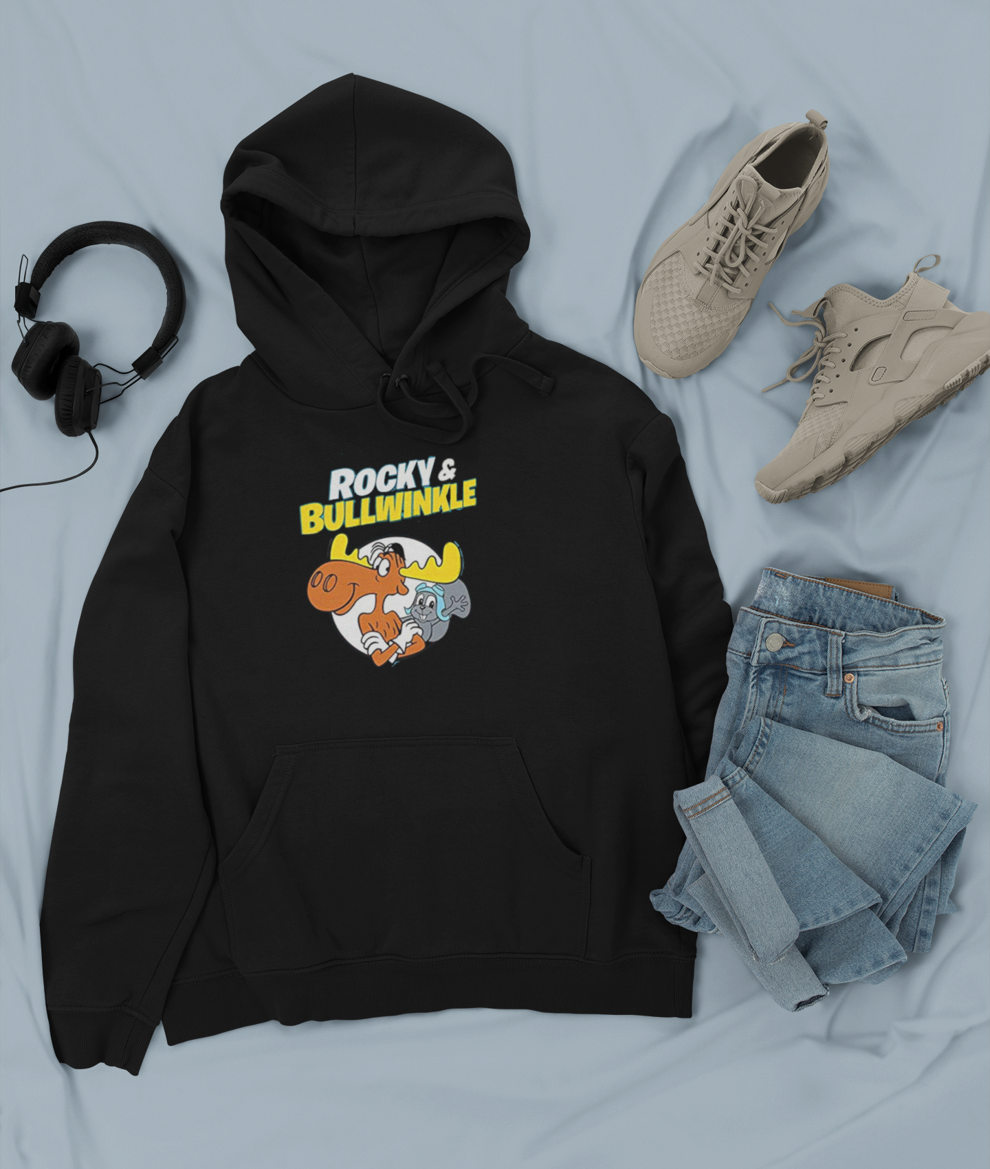 Rocky and Bullwinkle Unisex College Hoodie. Black hooded sweatshirt for under $50 with 60's cartoon graphic print on the front.