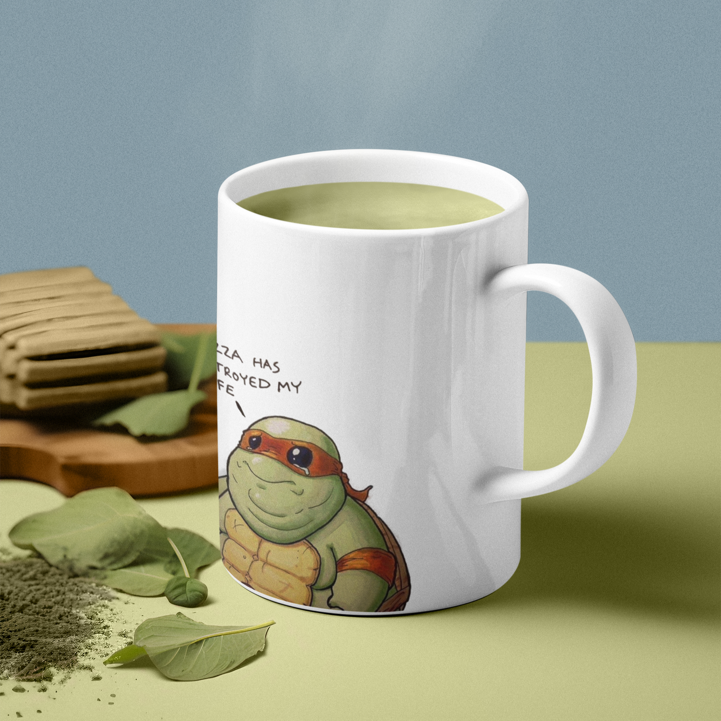 Michelangelo Turtle Mug. Cartoon Coffee Mug for pizza or turtle lovers. Funny Coffee Cup gift mug under ten dollars.