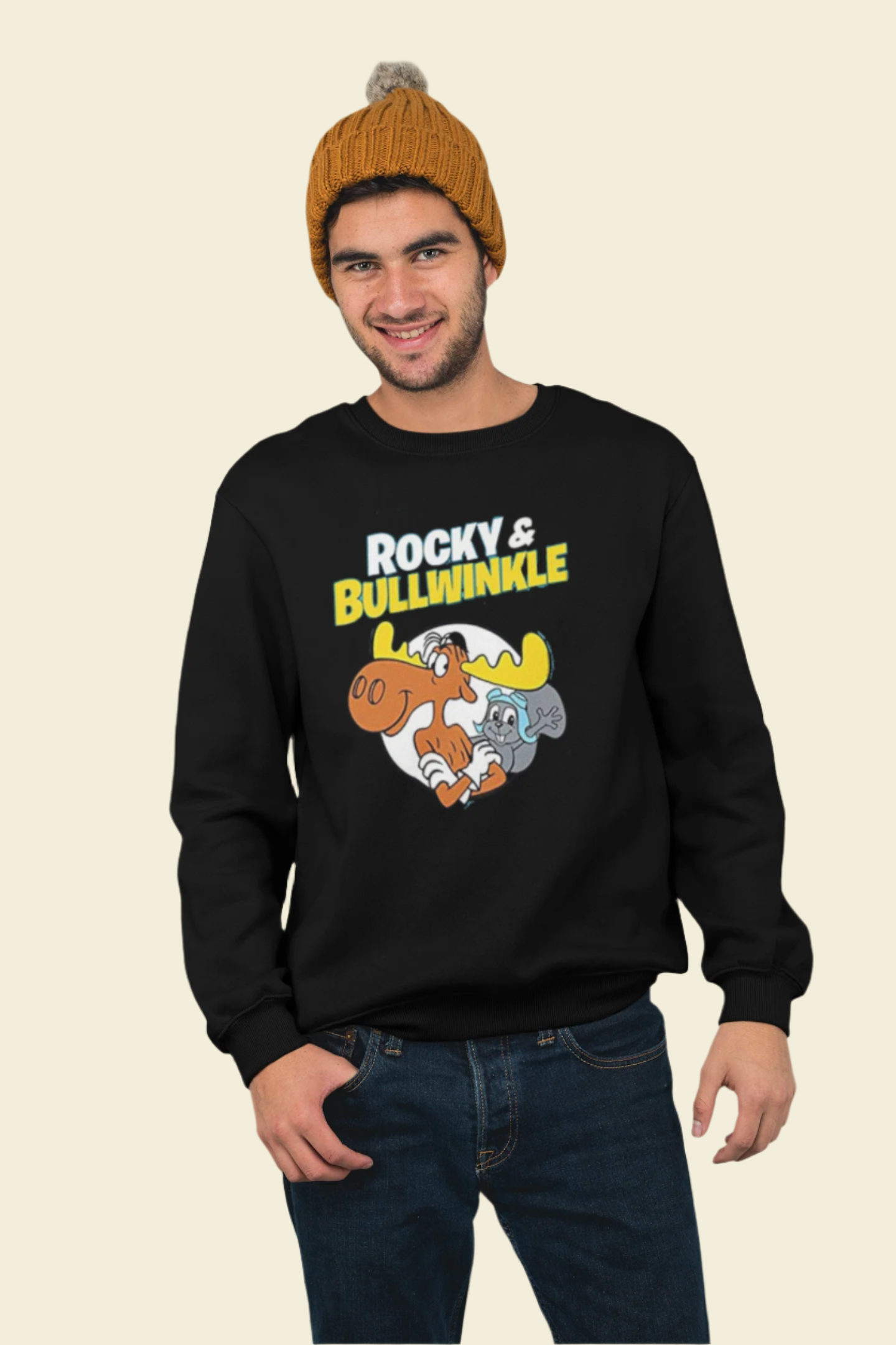 60s cartoon Rocky and Bullwinkle Unisex Heavy Blend™ Crewneck Sweatshirt Gildan 18000. Black sweater.