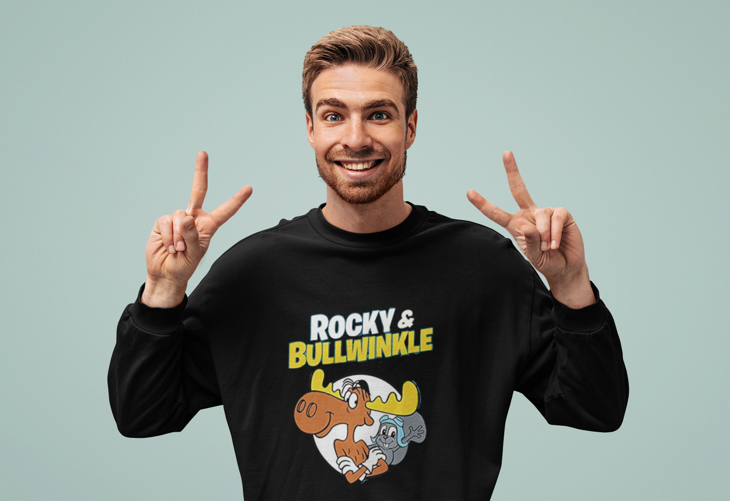 60s cartoon Rocky and Bullwinkle Unisex Heavy Blend™ Crewneck Sweatshirt Gildan 18000. Black sweater.
