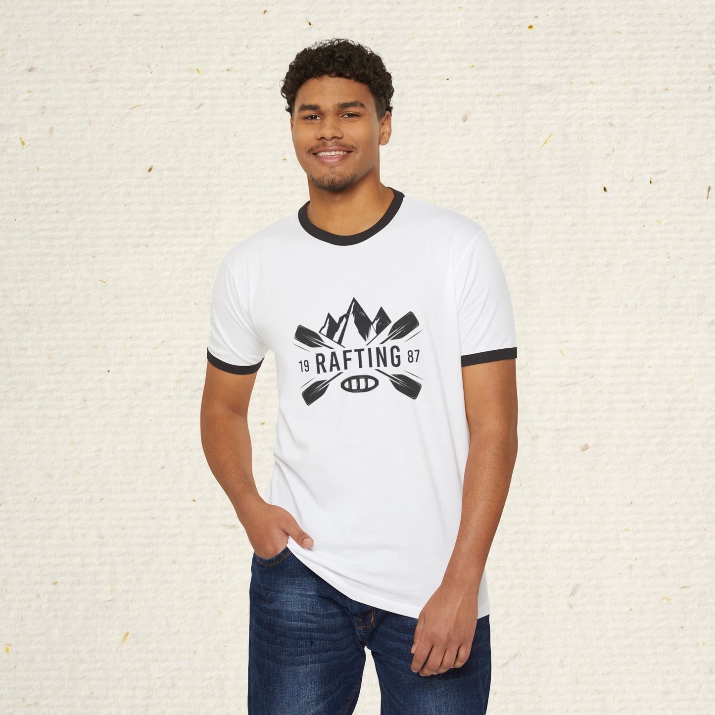 Retro Rafting Ringer T-Shirt | Vintage River Raft Graphic Tee | Lightweight Outdoor Adventure Shirt for Rafters