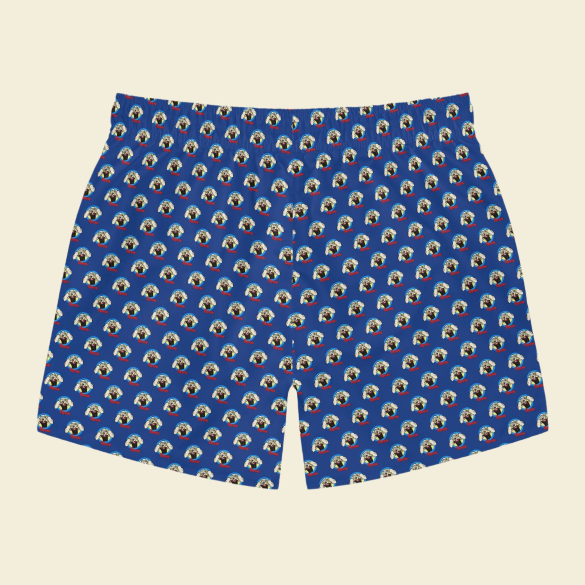 Popeye cartoon swim trunks. Popeye Swim shorts. Blue swim shorts make a great popeye gift. Ideal for Vacations.
