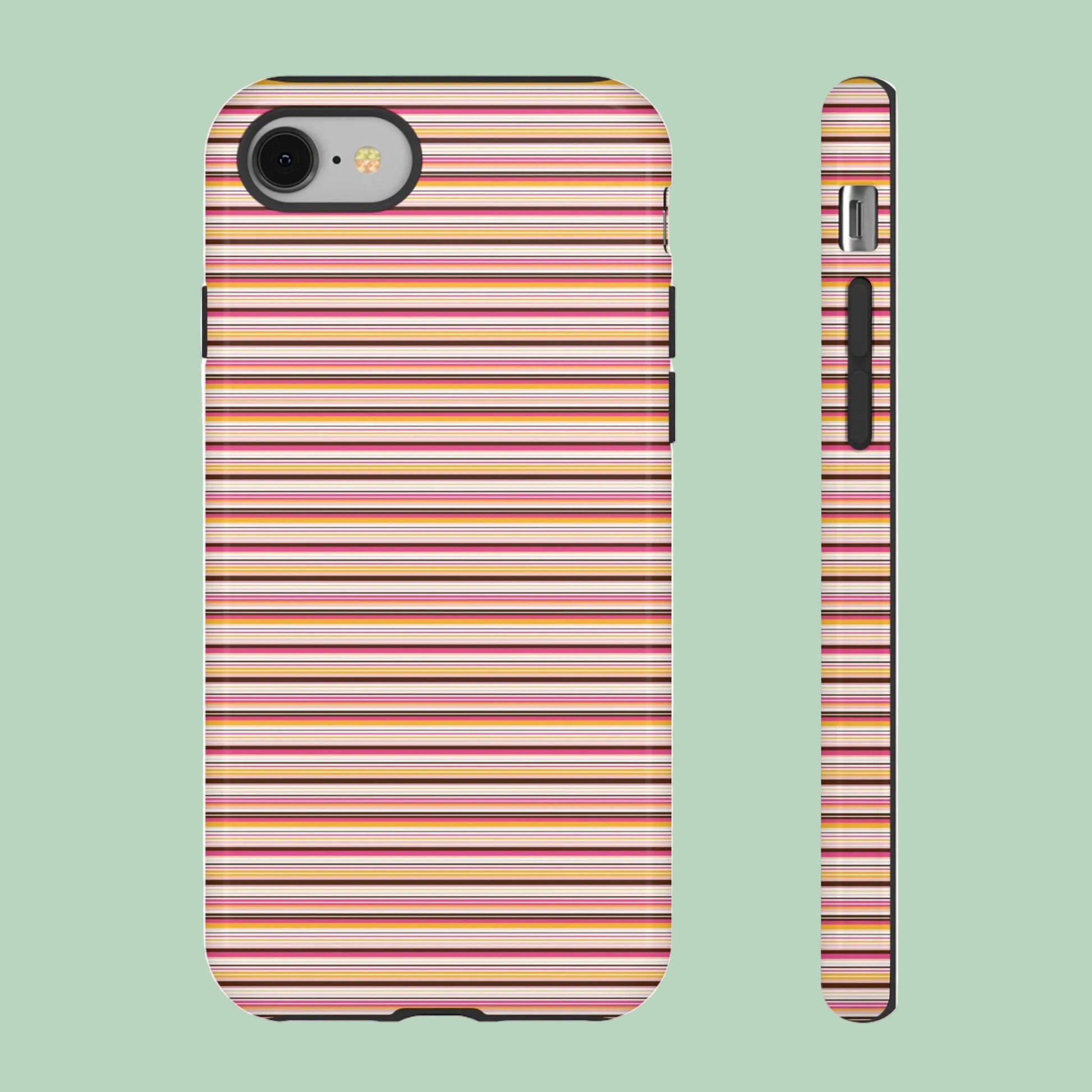Retro stripe protective phone case with vintage pink mustard and brown striped design for Samsung and iPhone models.