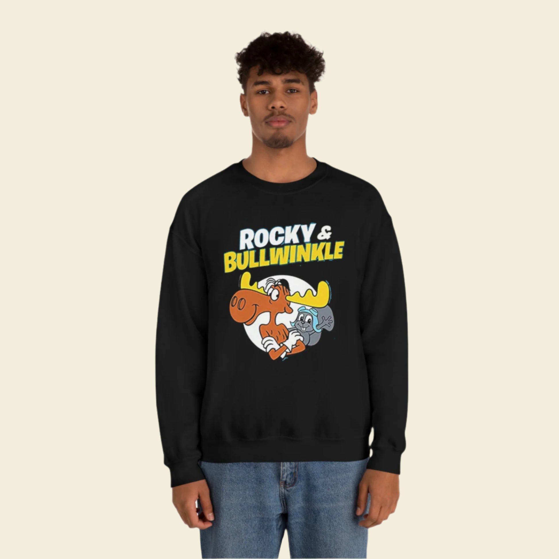 60s cartoon Rocky and Bullwinkle Unisex Heavy Blend™ Crewneck Sweatshirt Gildan 18000. Black sweater. 