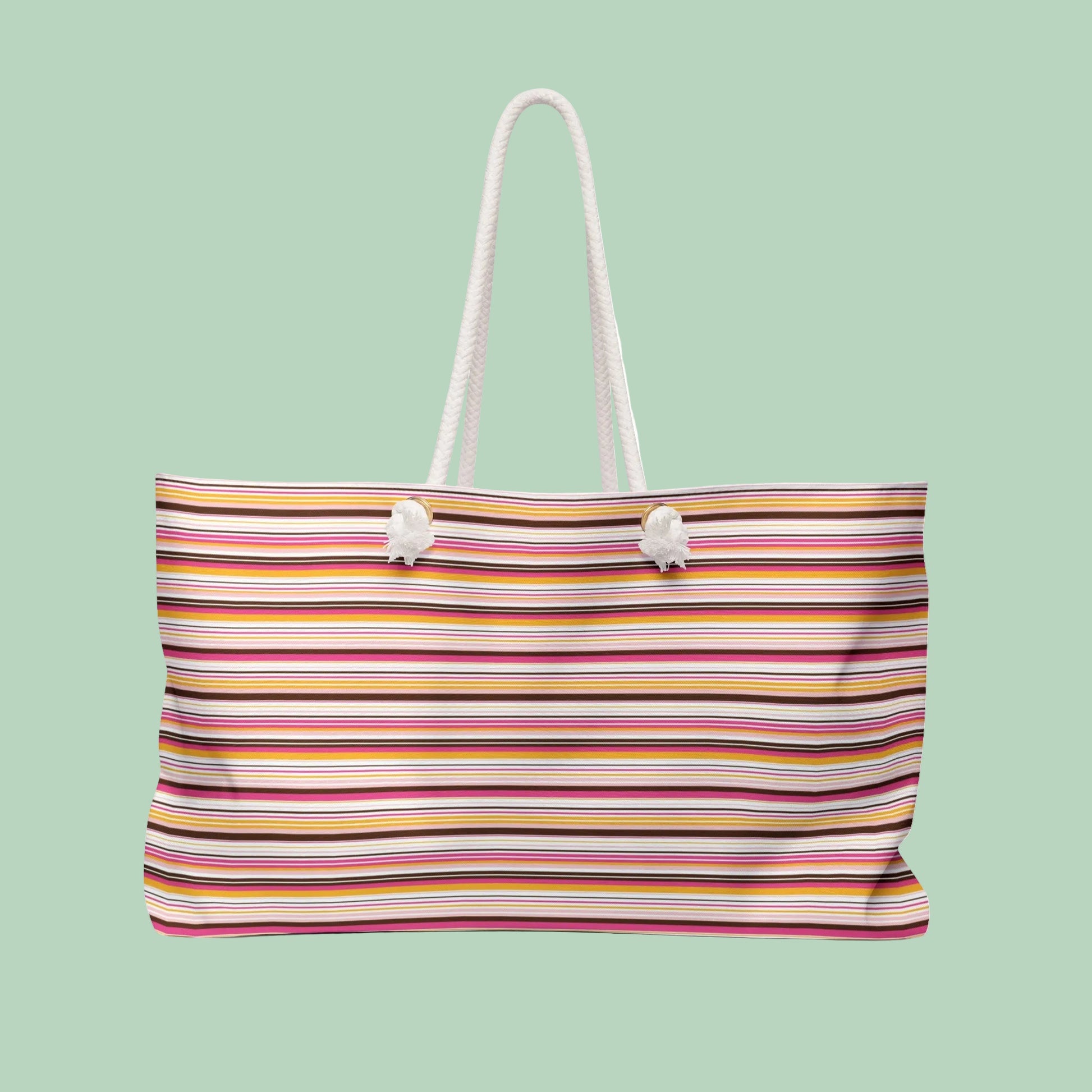 Large retro stripe weekender bag with rope handles in pink, amber and cream stripes