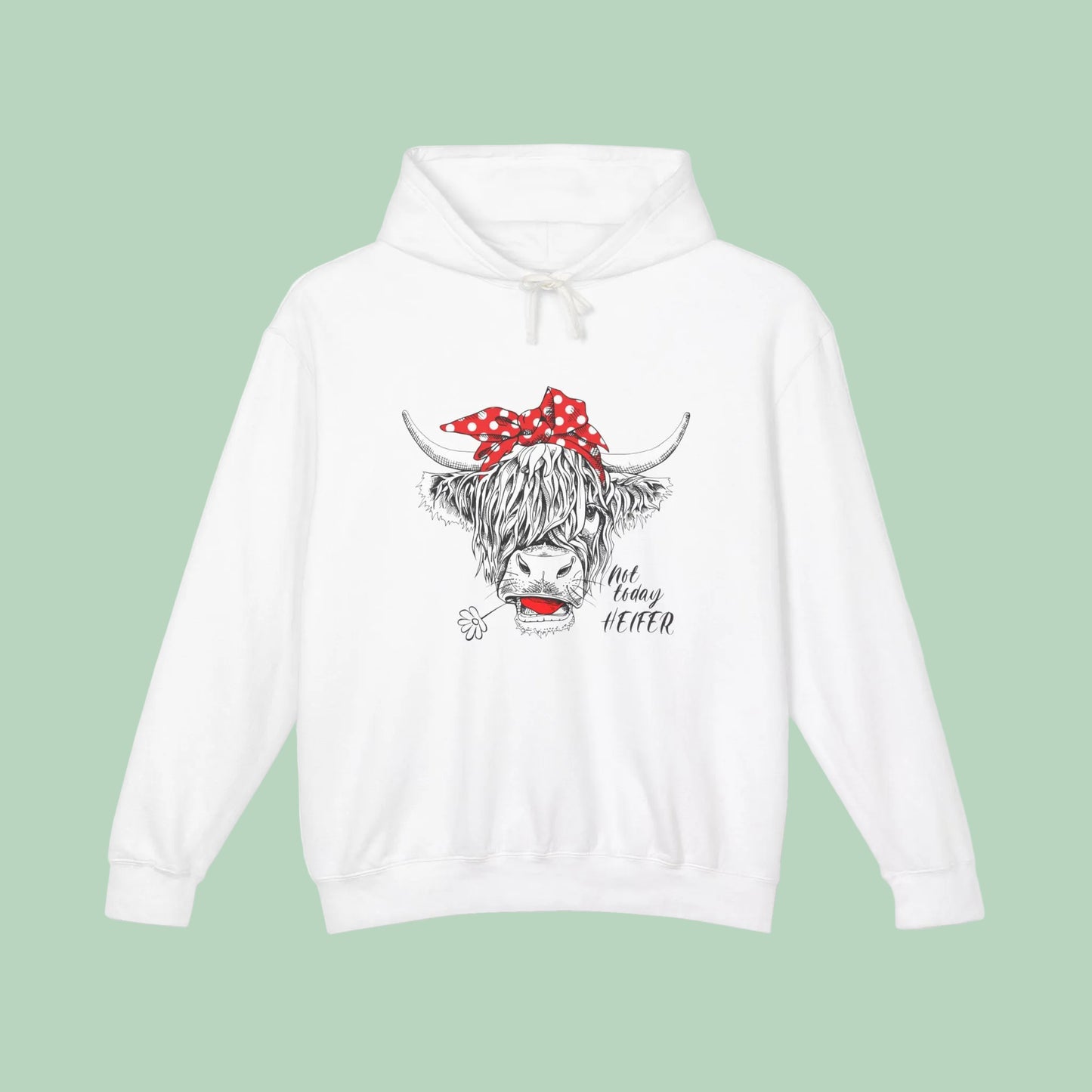 White Highland cow hoodie featuring hand-drawn cow with red polka dot bandana and Not Today Heifer graphic