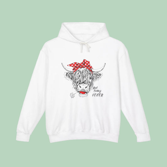 White Highland cow hoodie featuring hand-drawn cow with red polka dot bandana and Not Today Heifer graphic