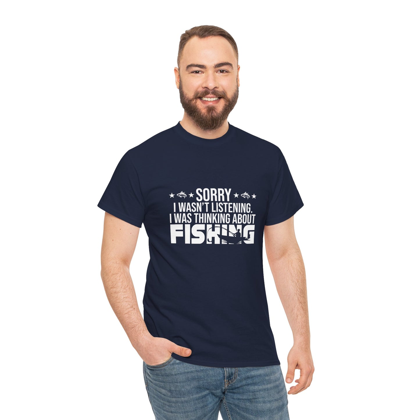Man wearing a navy blue t-shirt with fishing-themed text on a white background