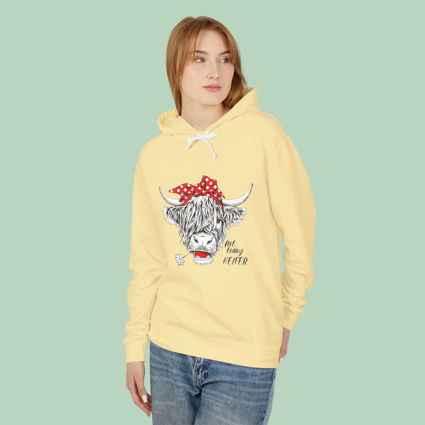 White Highland cow hoodie featuring hand-drawn cow with red polka dot bandana and Not Today Heifer graphic