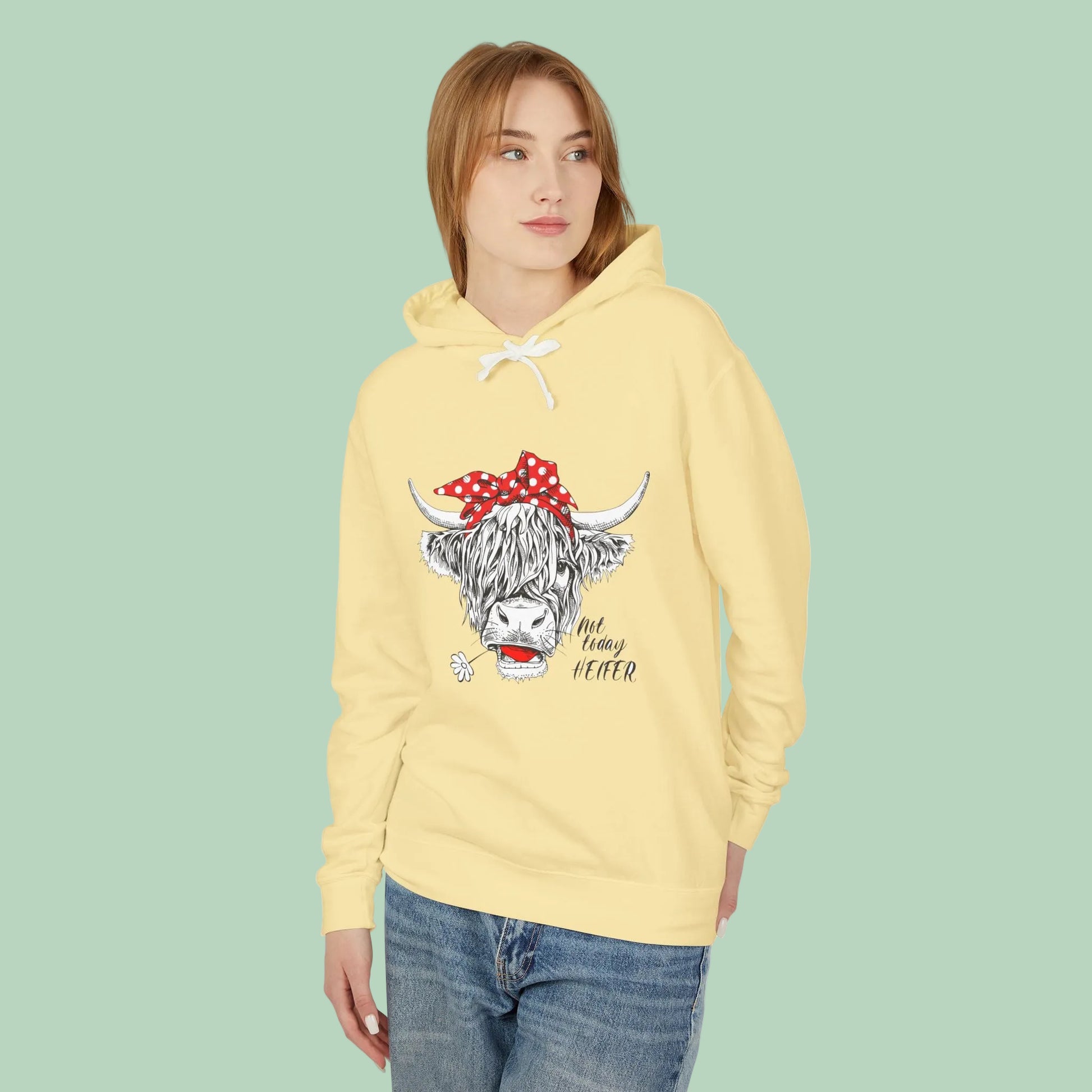 White Highland cow hoodie featuring hand-drawn cow with red polka dot bandana and Not Today Heifer graphic
