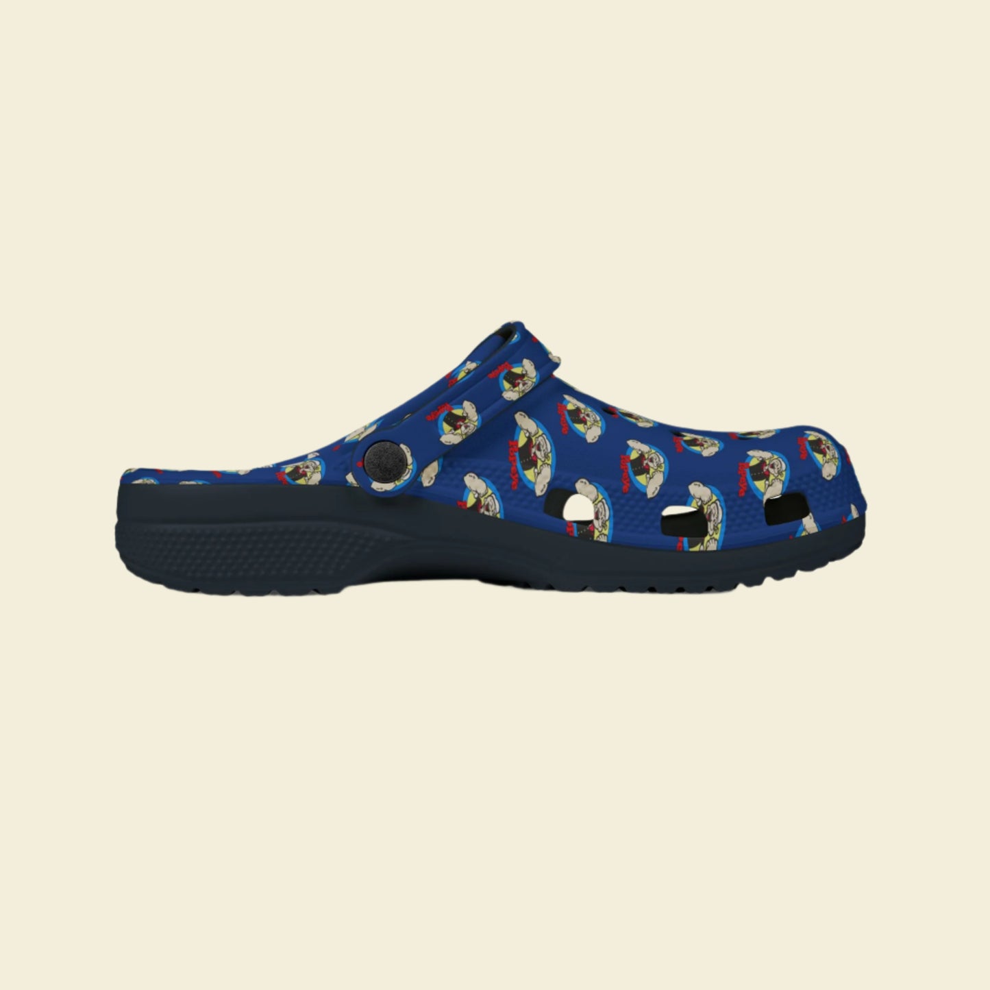 Popeye Rubber Shoes, vintage cartoon clogs, Popeye the sailor man slip-ons, blue Popeye slides.
