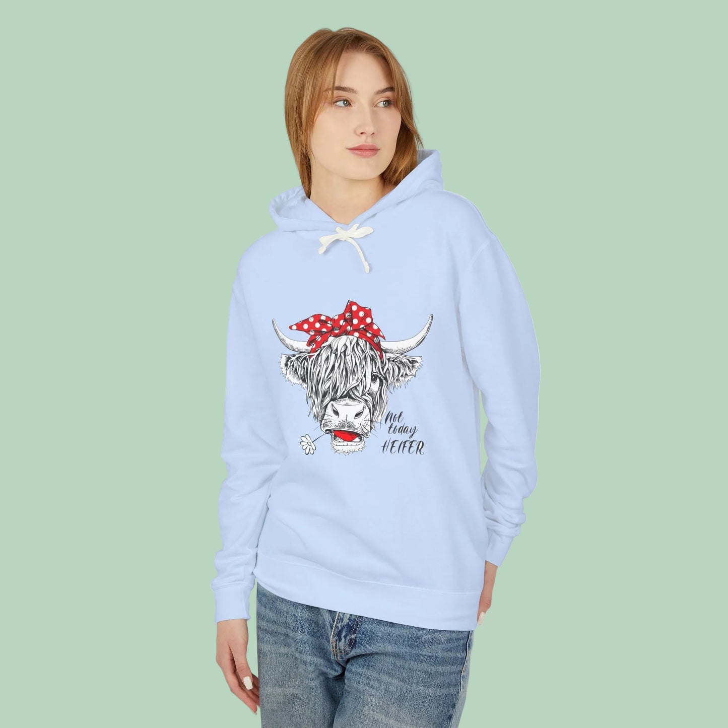 White Highland cow hoodie featuring hand-drawn cow with red polka dot bandana and Not Today Heifer graphic