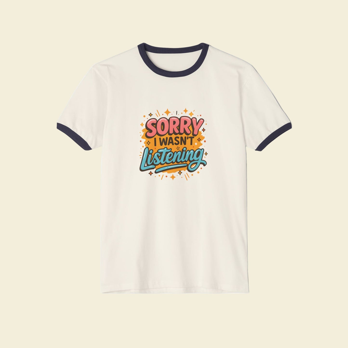 Back to school supplies t-shirt with colorful text 'Sorry I wasn't listening' on a white background