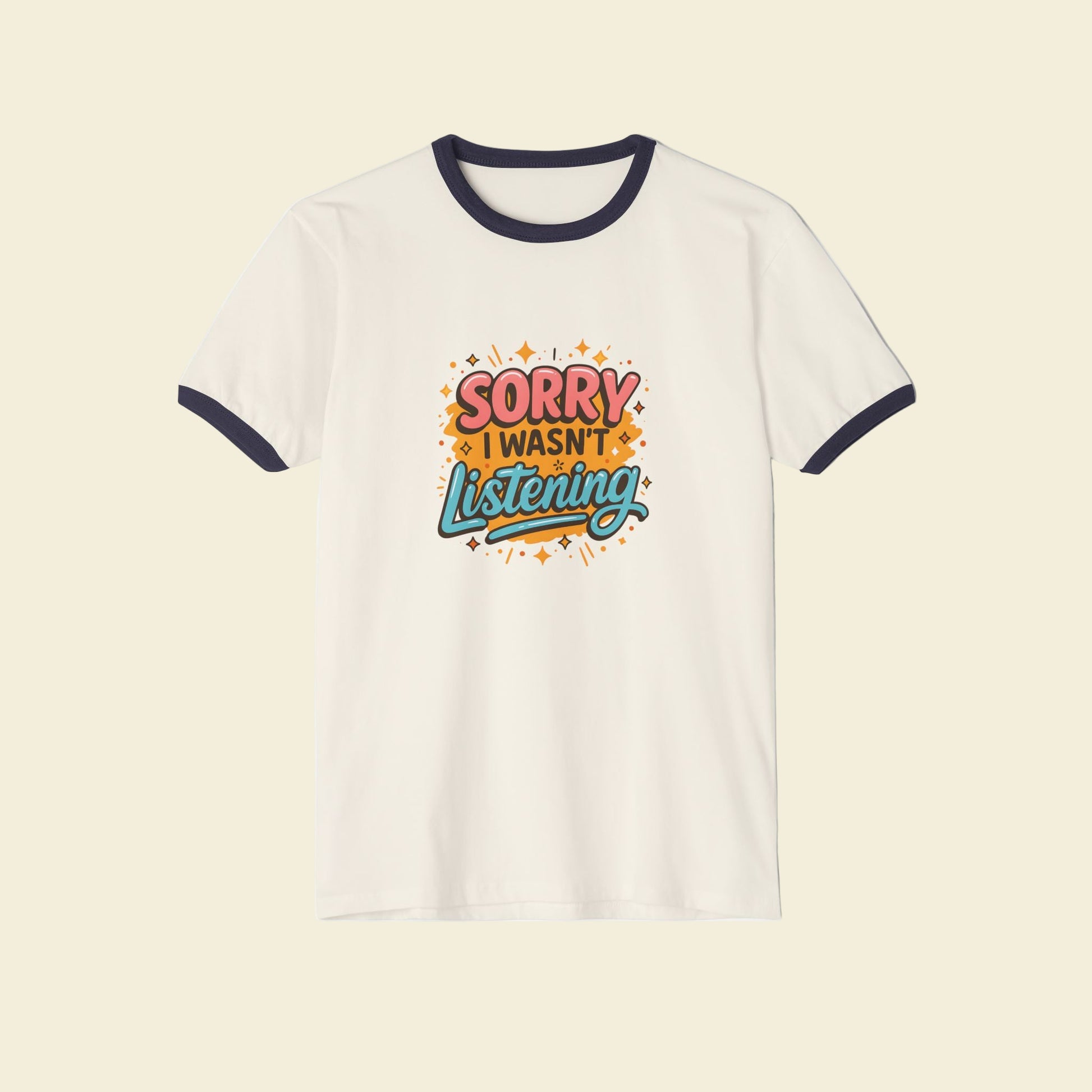 Back to school supplies t-shirt with colorful text 'Sorry I wasn't listening' on a white background