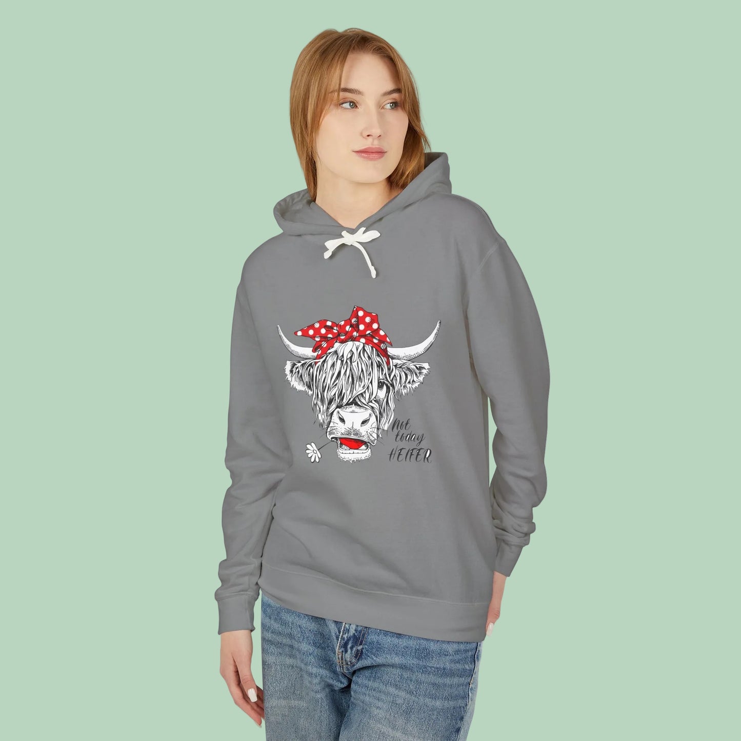 White Highland cow hoodie featuring hand-drawn cow with red polka dot bandana and Not Today Heifer graphic