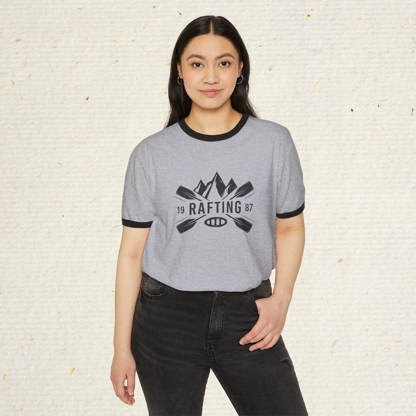 Retro Rafting Ringer T-Shirt | Vintage River Raft Graphic Tee | Lightweight Outdoor Adventure Shirt for Rafters