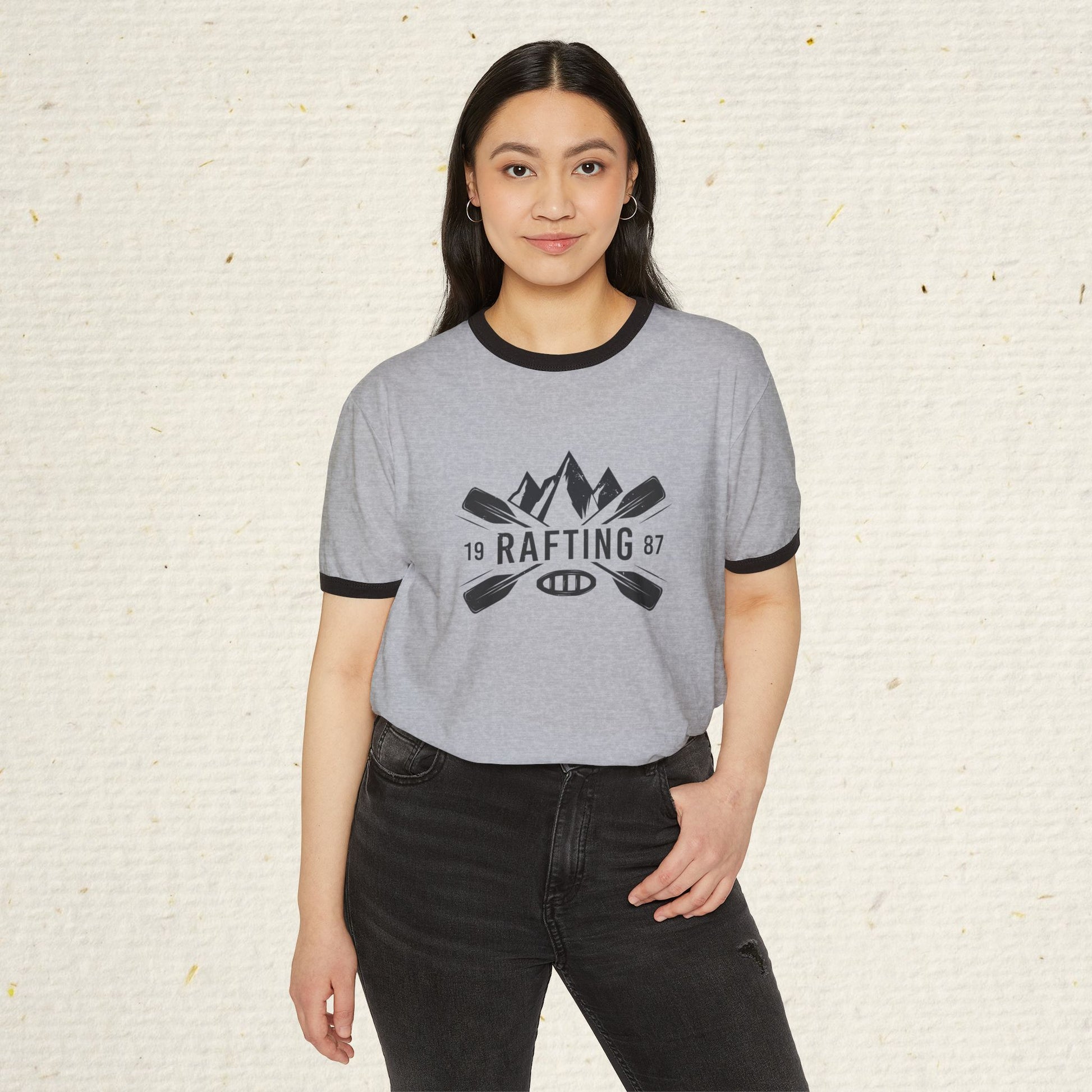 Retro Rafting Ringer T-Shirt | Vintage River Raft Graphic Tee | Lightweight Outdoor Adventure Shirt for Rafters