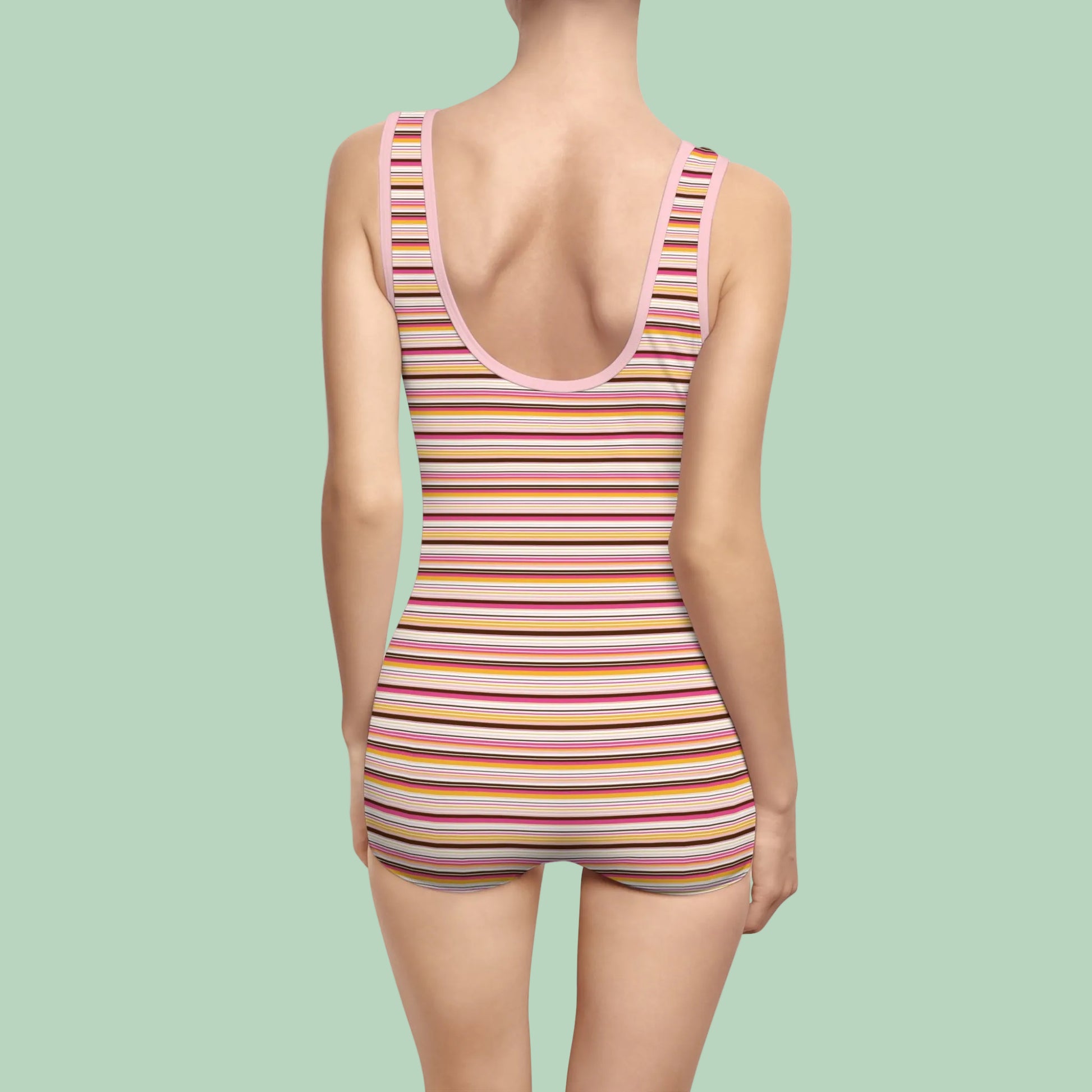 Women's retro stripe one-piece swimsuit with boyshort bottoms in pink, coral and cream stripes