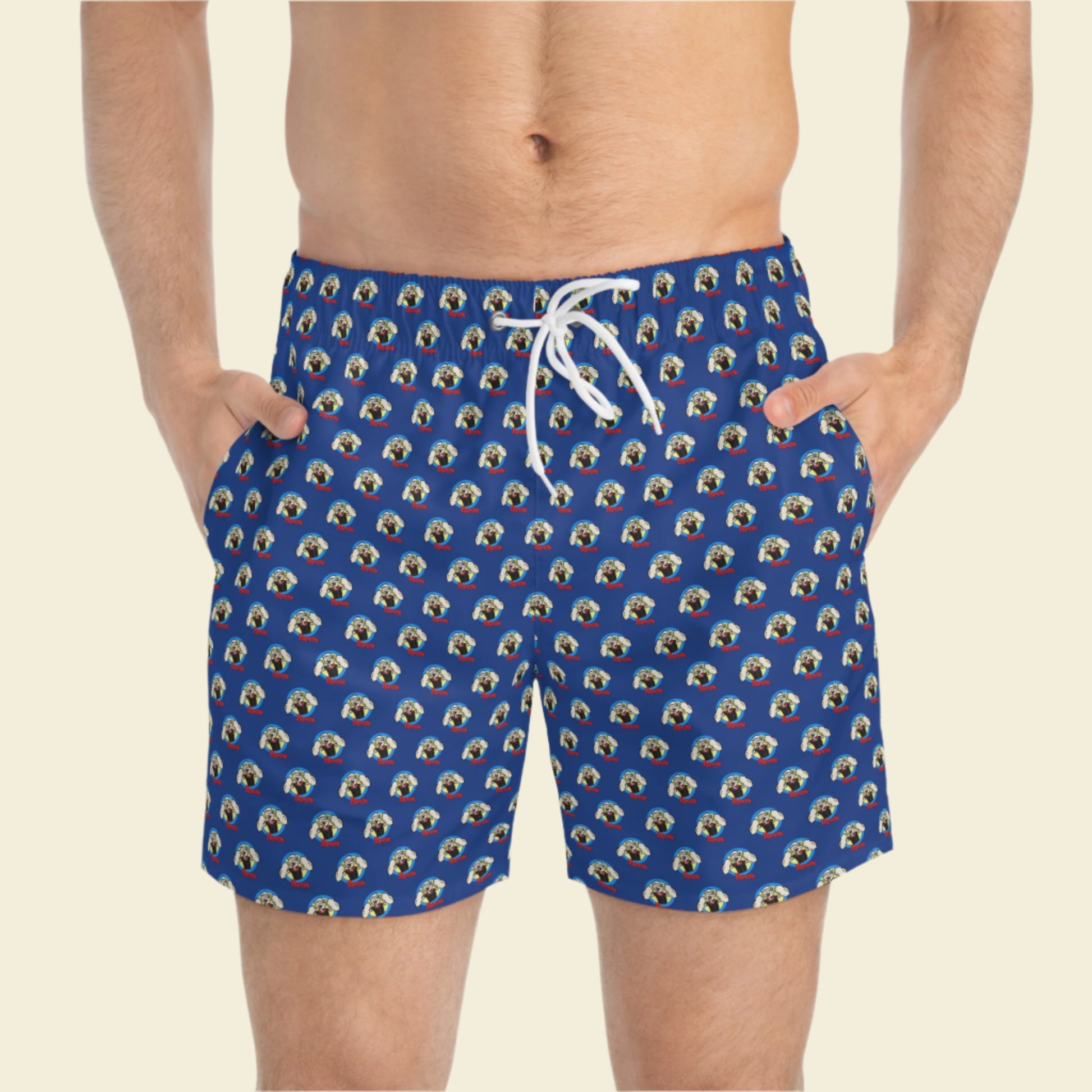 Popeye cartoon swim trunks. Popeye Swim shorts. Blue swim shorts make a great popeye gift. Ideal for Vacations.