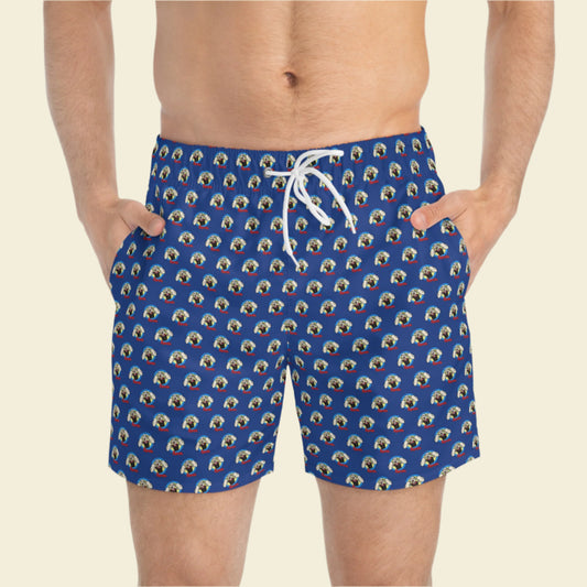 Popeye cartoon swim trunks. Popeye Swim shorts. Blue swim shorts make a great popeye gift. Ideal for Vacations.