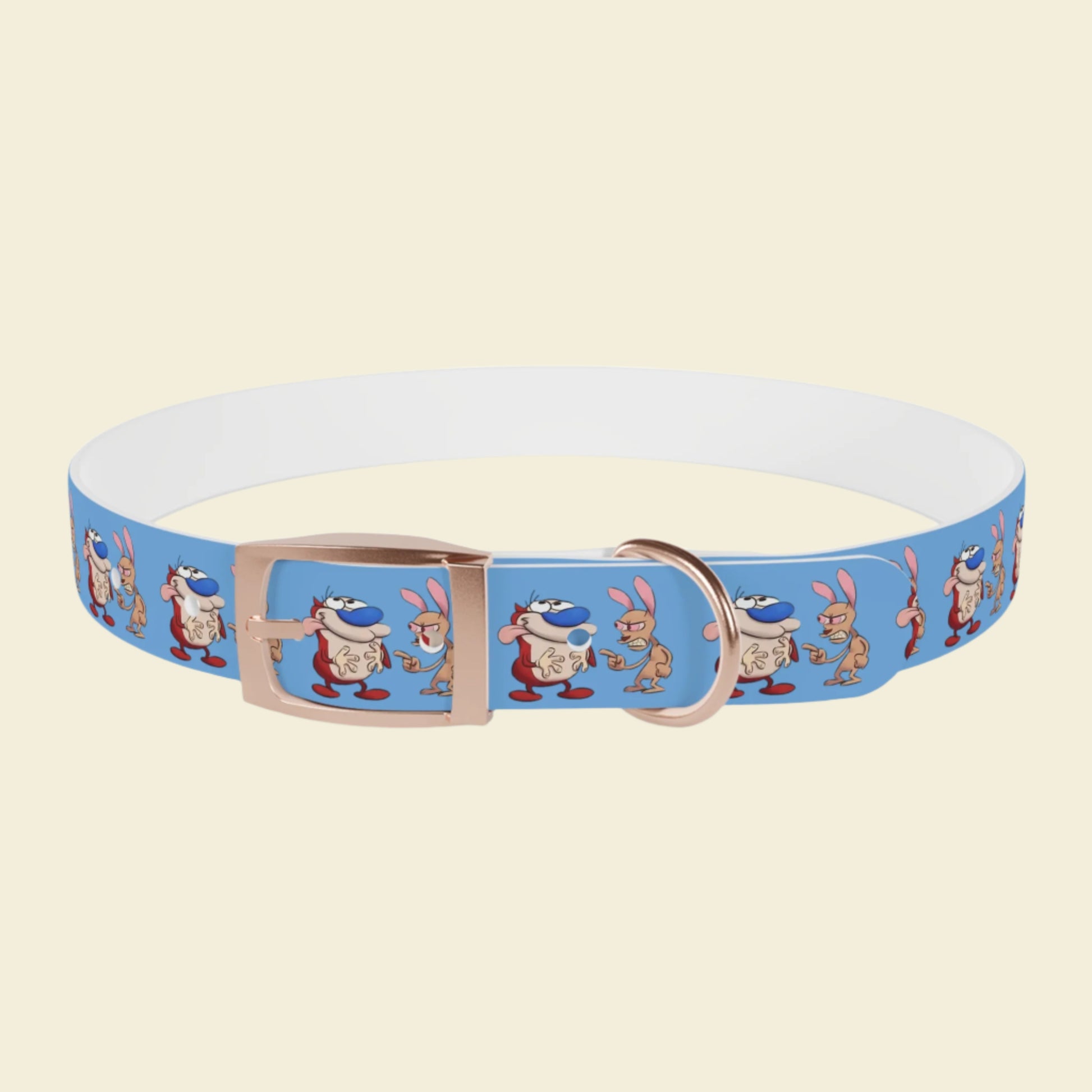 Custom Cartoon Dog Collar Ren and Stimpy. Rose gold buckle blue Pet collar.