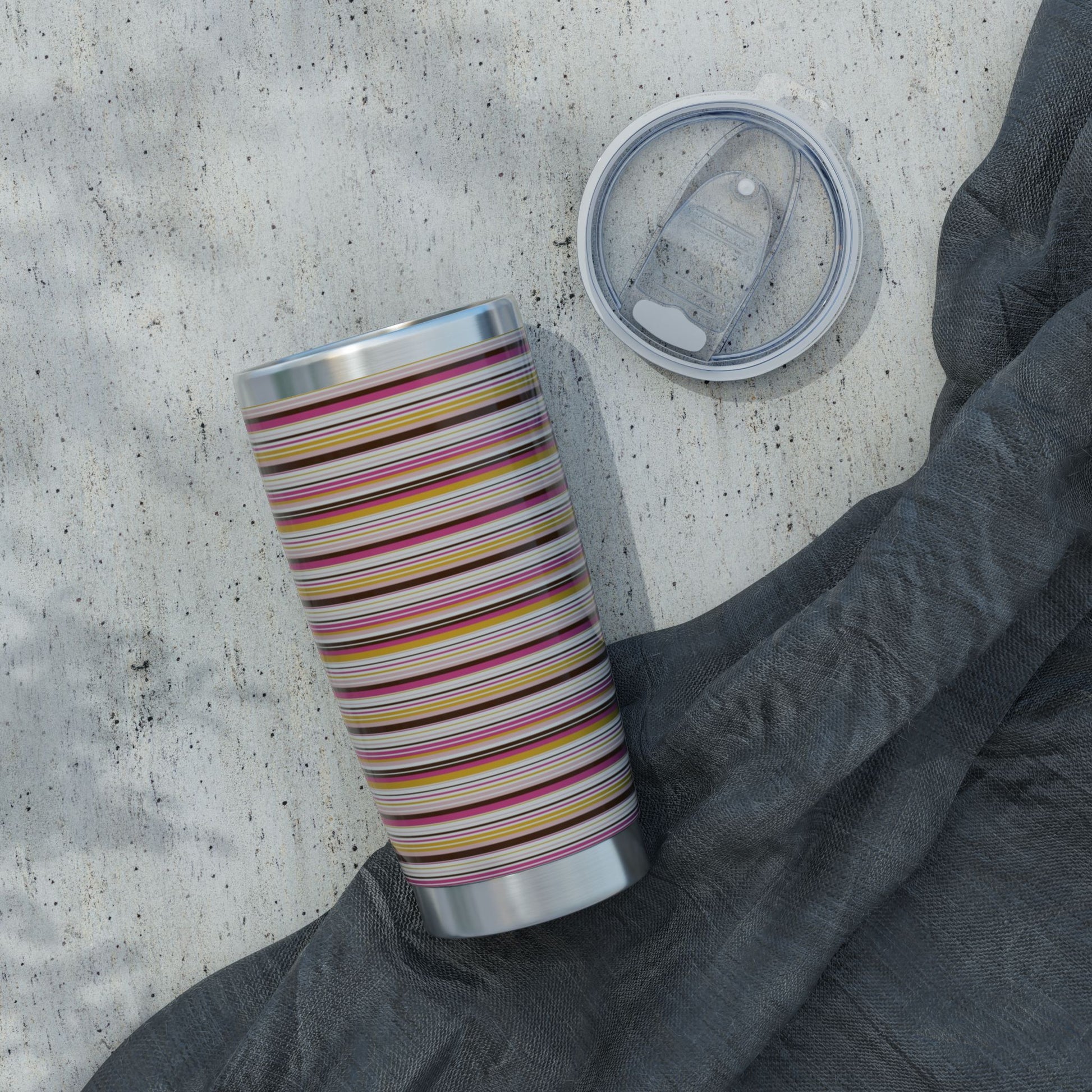 20oz retro stripe stainless steel tumbler with vintage-inspired pink mustard and brown striped design and sliding lid.