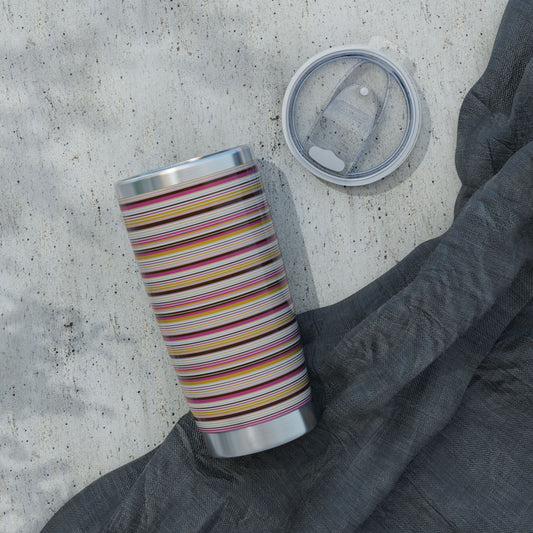 20oz retro stripe stainless steel tumbler with vintage-inspired pink mustard and brown striped design and sliding lid.