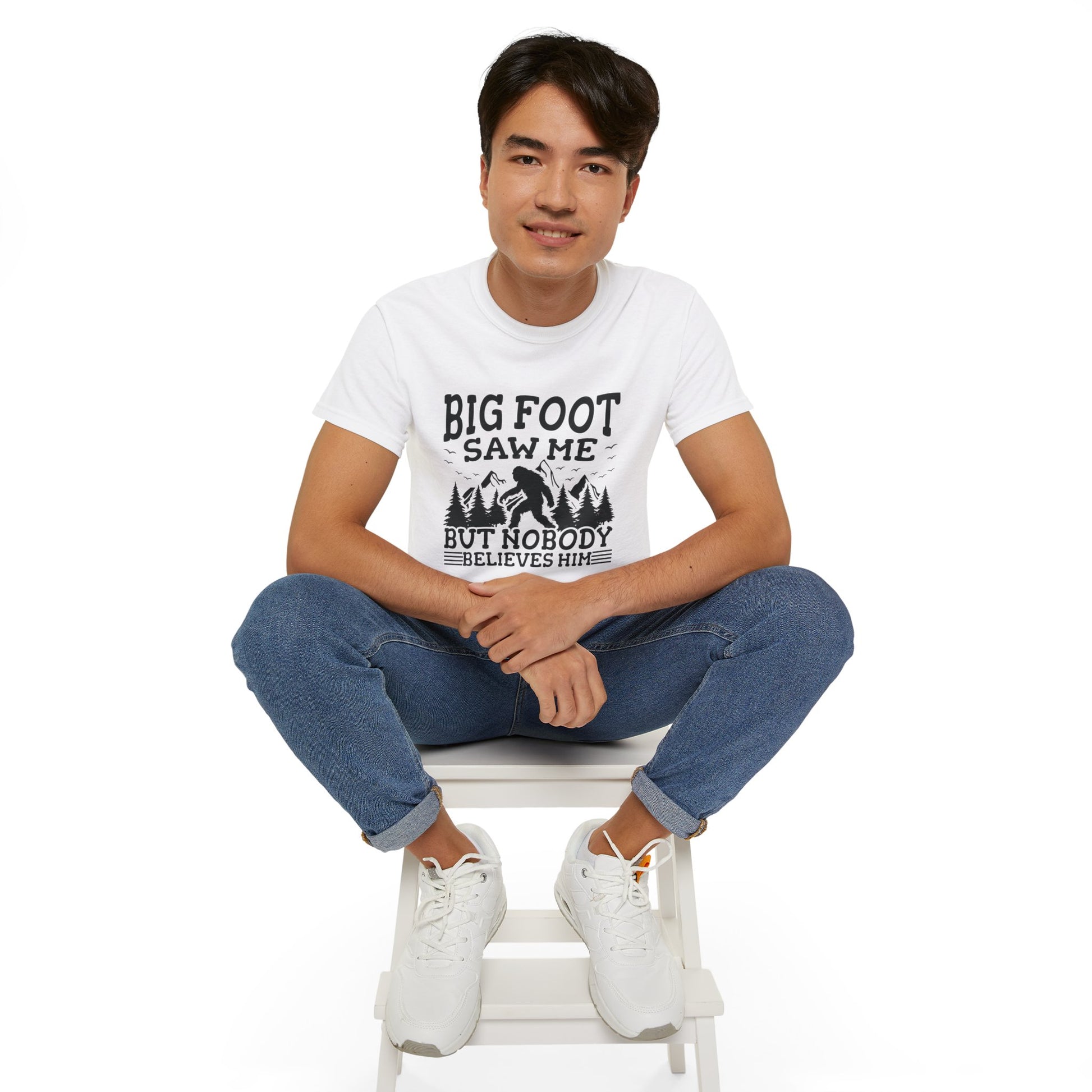 Funny Bigfoot / Sasquatch shirt: White Unisex Cotton crew neck T-Shirt