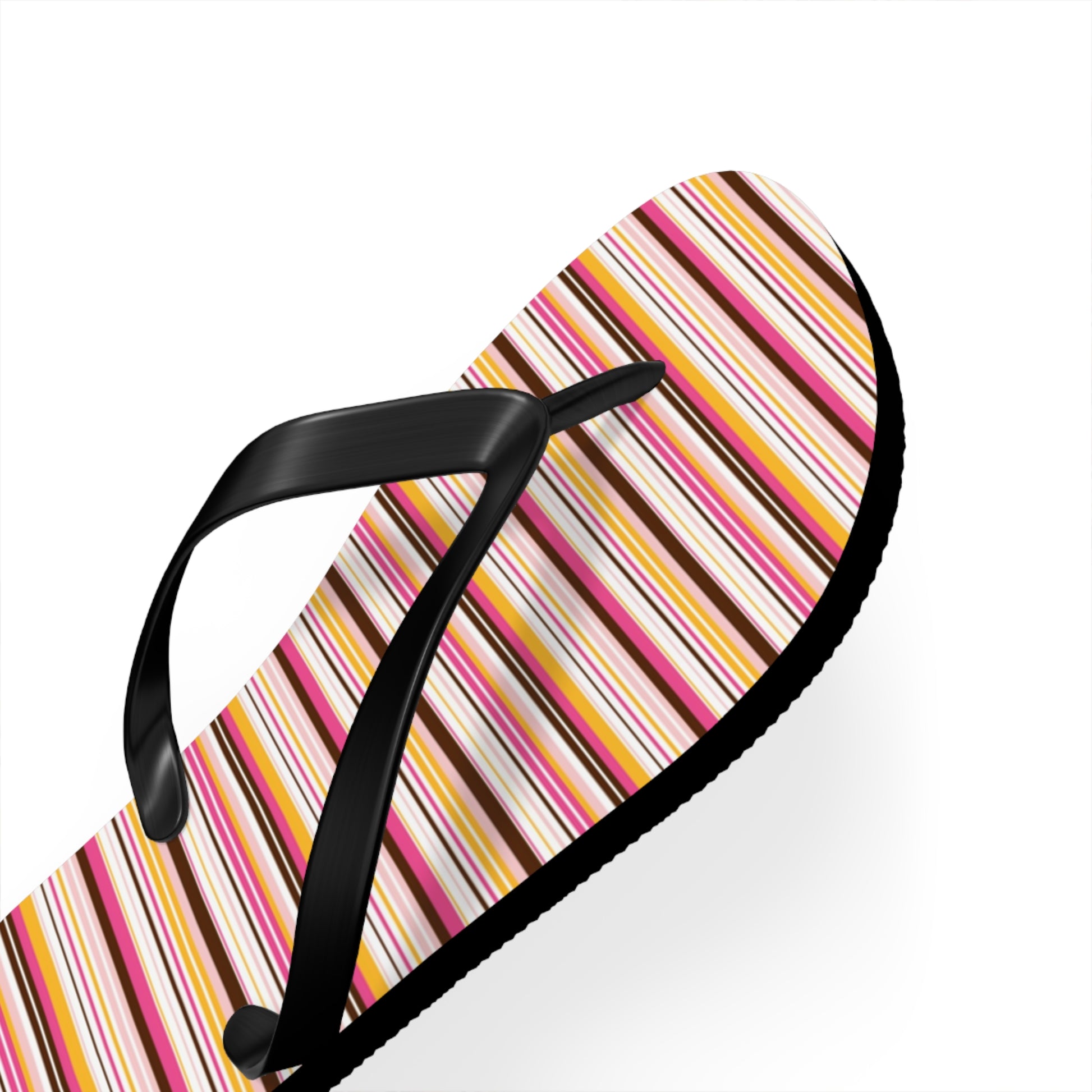 Flip-flop with colorful striped pattern on a white background