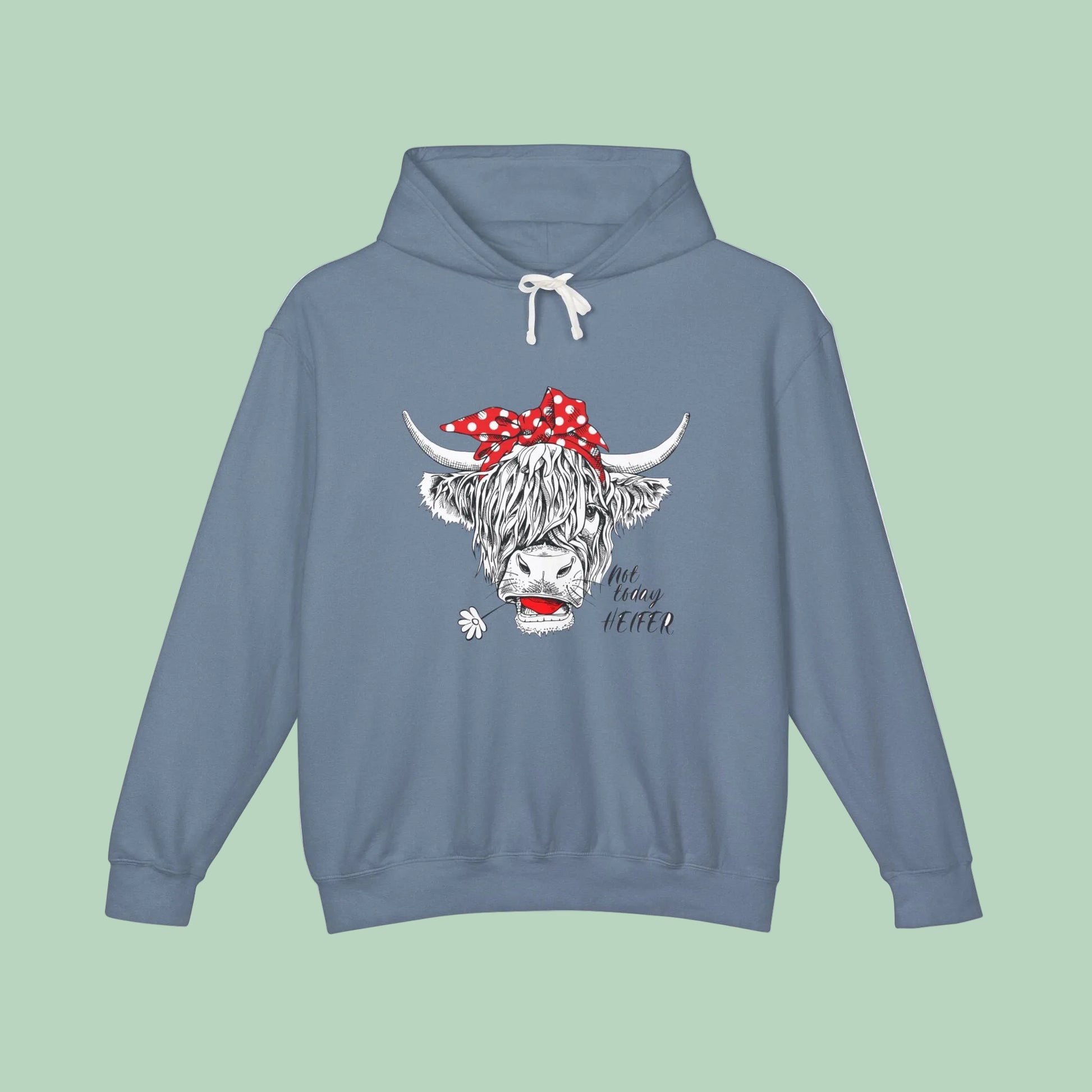 White Highland cow hoodie featuring hand-drawn cow with red polka dot bandana and Not Today Heifer graphic