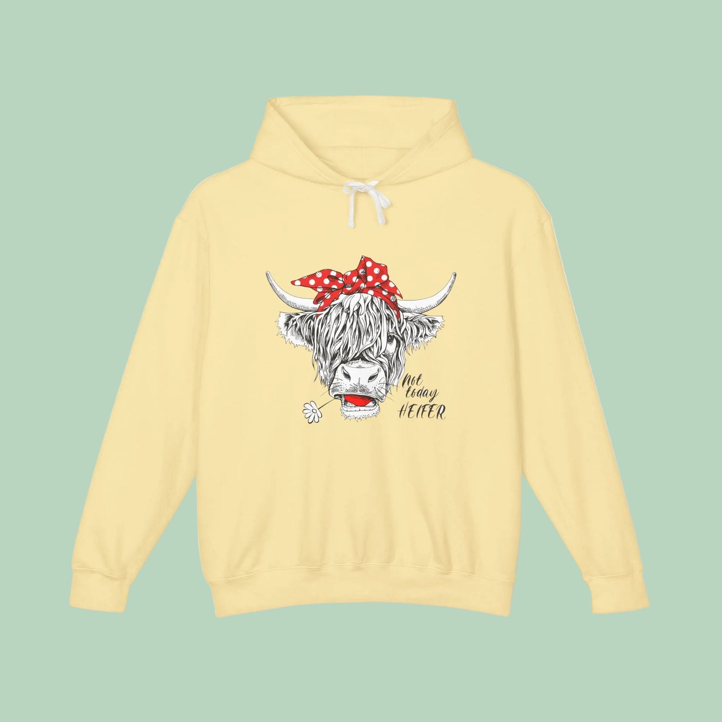 White Highland cow hoodie featuring hand-drawn cow with red polka dot bandana and Not Today Heifer graphic