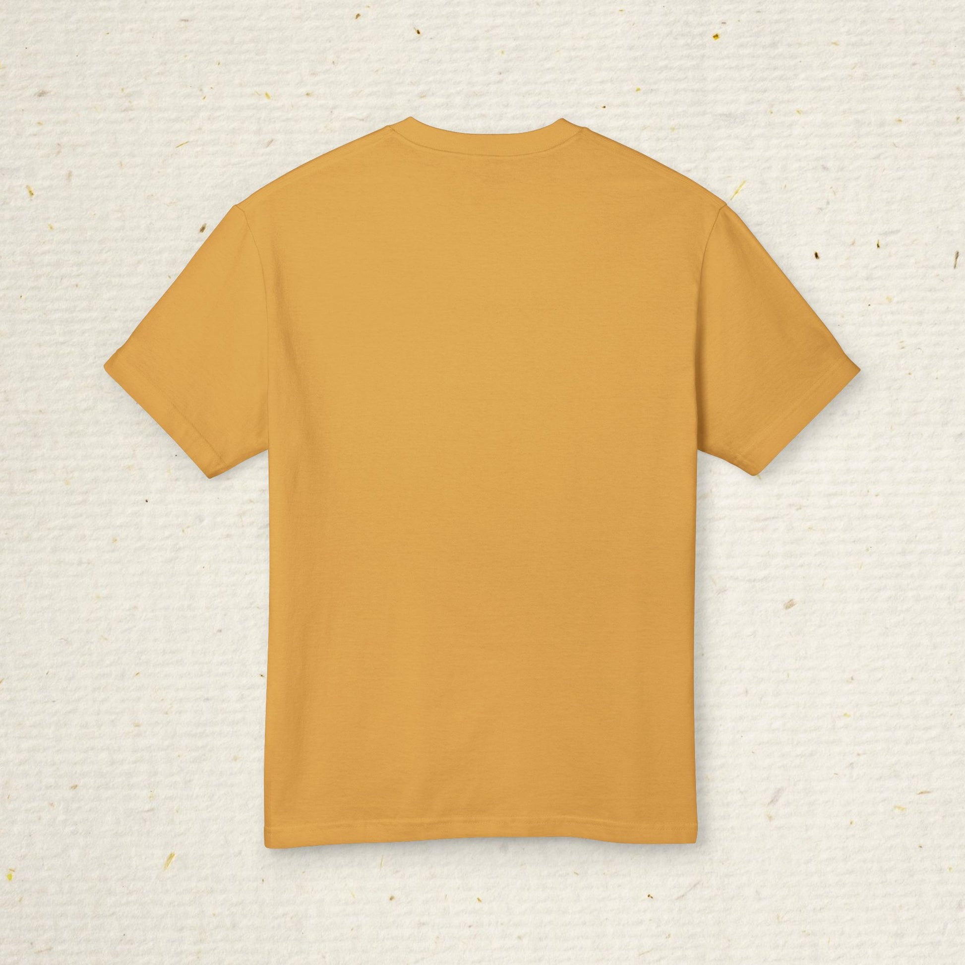 back of mustard colored music shirt