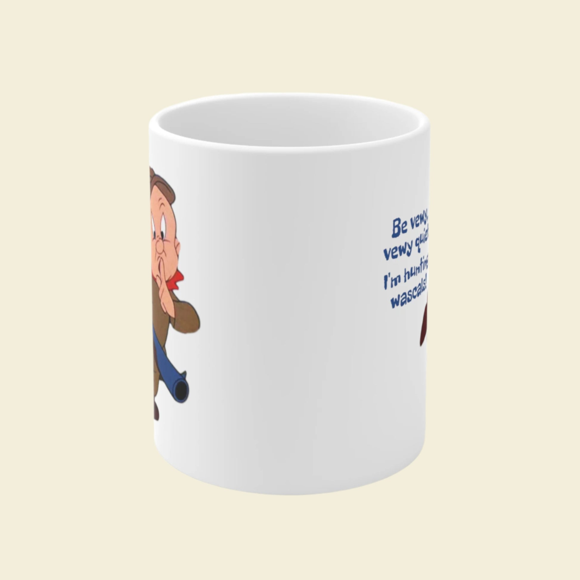Elmer Fudd Ceramic Mug 11oz. Funny novelty coffee cup with vintage cartoon print. Coffee mug gift for under ten dollars.
