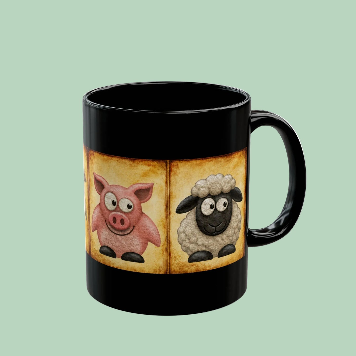 Black ceramic farm animal coffee mug featuring vintage goat pig and sheep artwork on a farmhouse-inspired design.