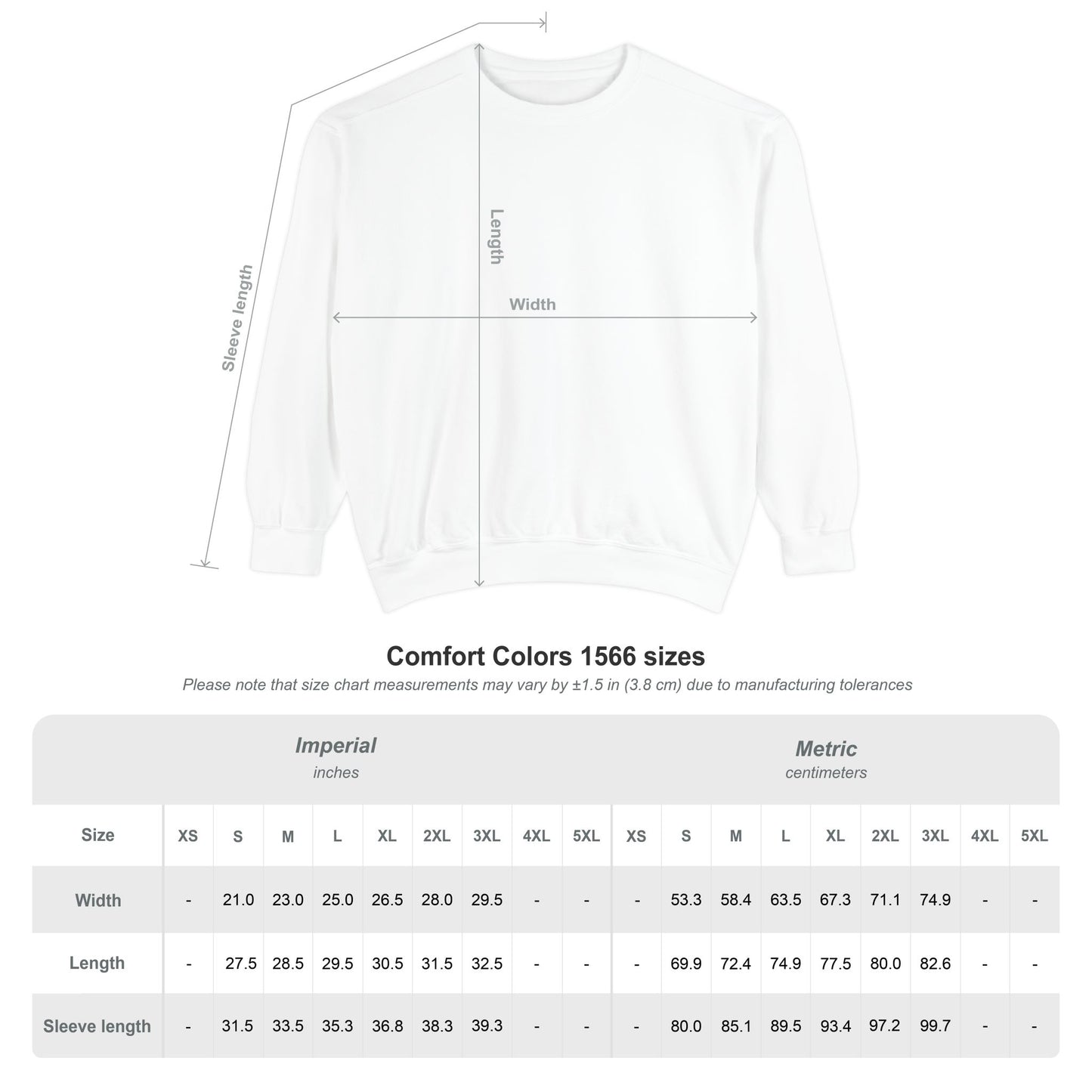 Measurement chart for a white t-shirt with dimensions labeled on a white background