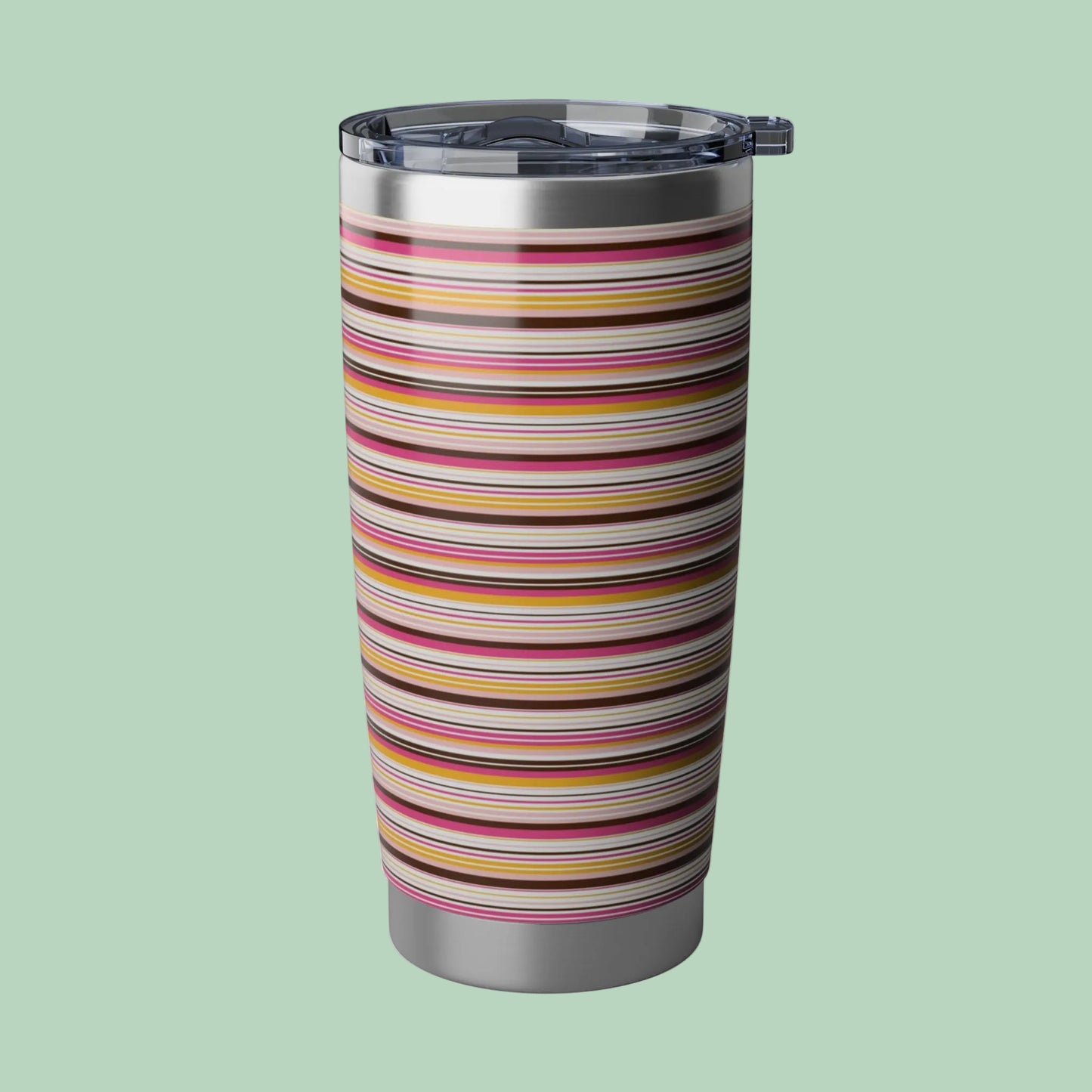 20oz retro stripe stainless steel tumbler with vintage-inspired pink mustard and brown striped design and sliding lid.