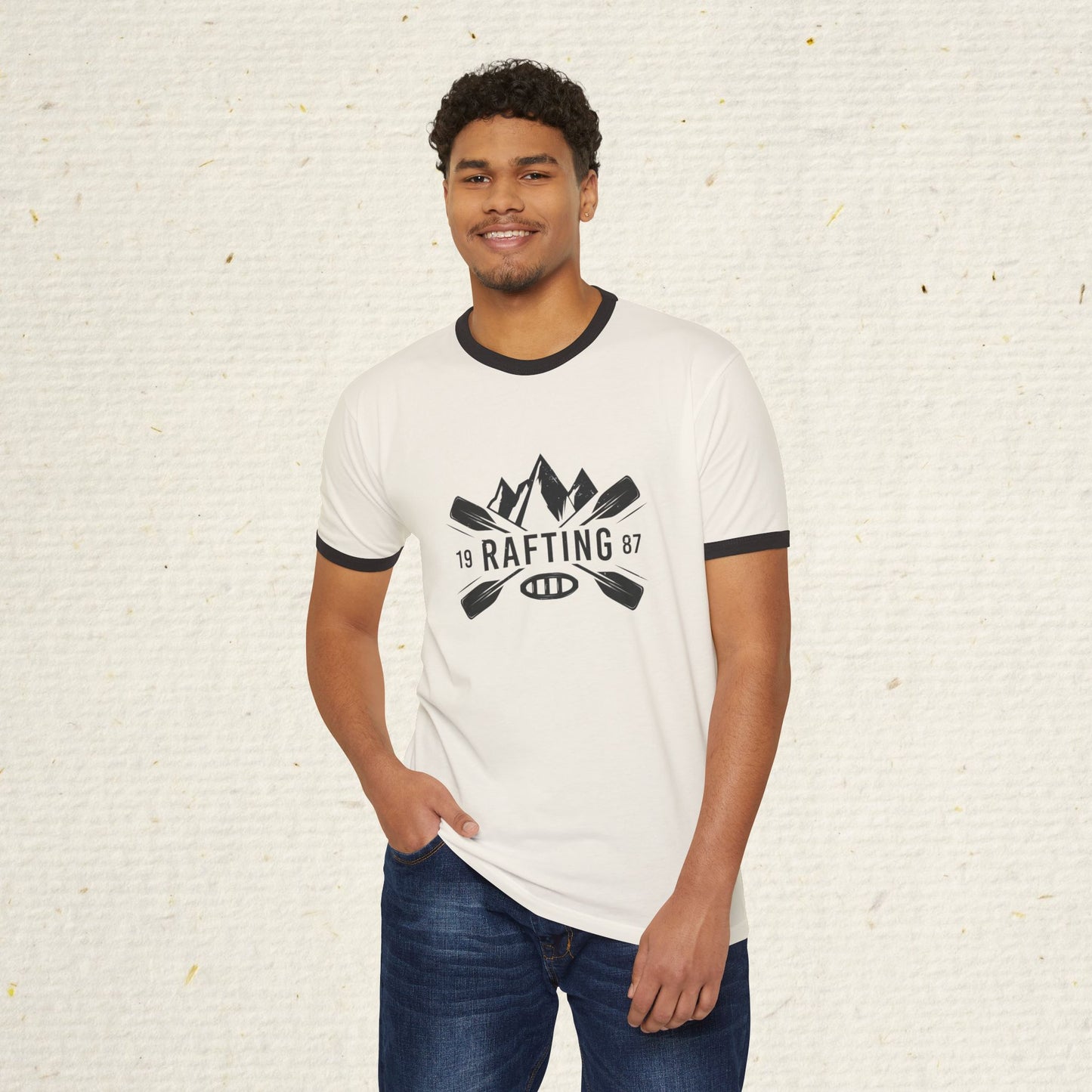 Retro Rafting Ringer T-Shirt | Vintage River Raft Graphic Tee | Lightweight Outdoor Adventure Shirt for Rafters