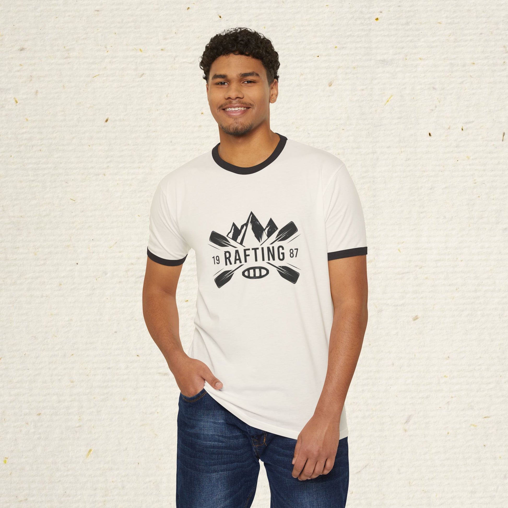 Retro Rafting Ringer T-Shirt | Vintage River Raft Graphic Tee | Lightweight Outdoor Adventure Shirt for Rafters