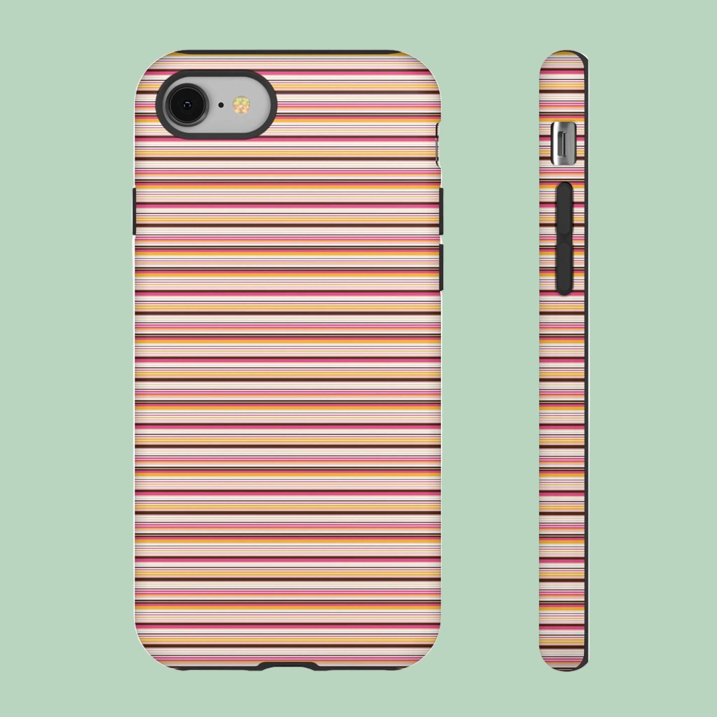 Retro stripe protective phone case with vintage pink mustard and brown striped design for Samsung and iPhone models.